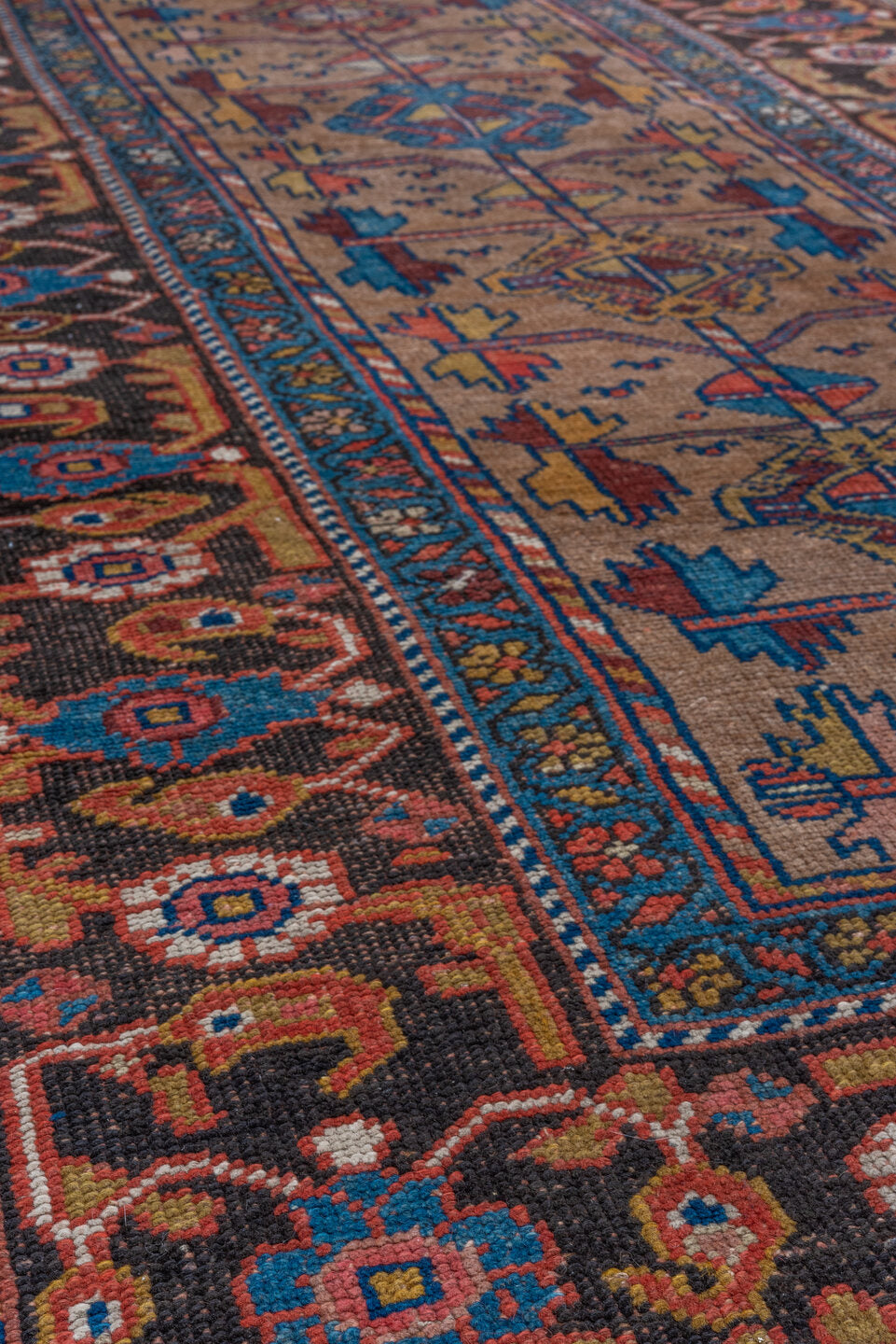 3' x 8' one-of-a-kind handmade vintage Kurd runner rug. Color palette: arapawa, blue, brown, gray, pink, red, redwood