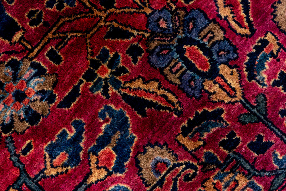 9' x 12' one-of-a-kind handmade antique Sarouk large size rug. Color palette: red, navy, rose, ivory, burgundy, cobalt