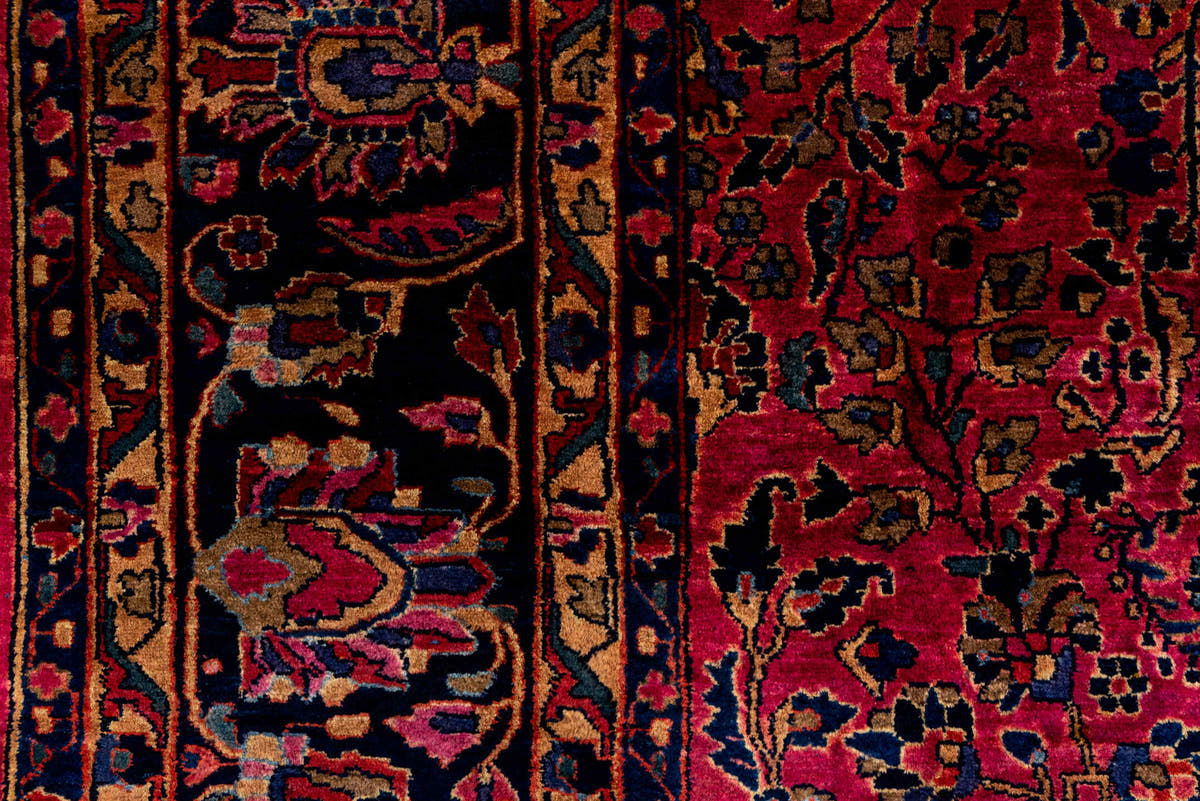 9' x 12' one-of-a-kind handmade antique Sarouk large size rug. Color palette: red, navy, rose, ivory, burgundy, cobalt
