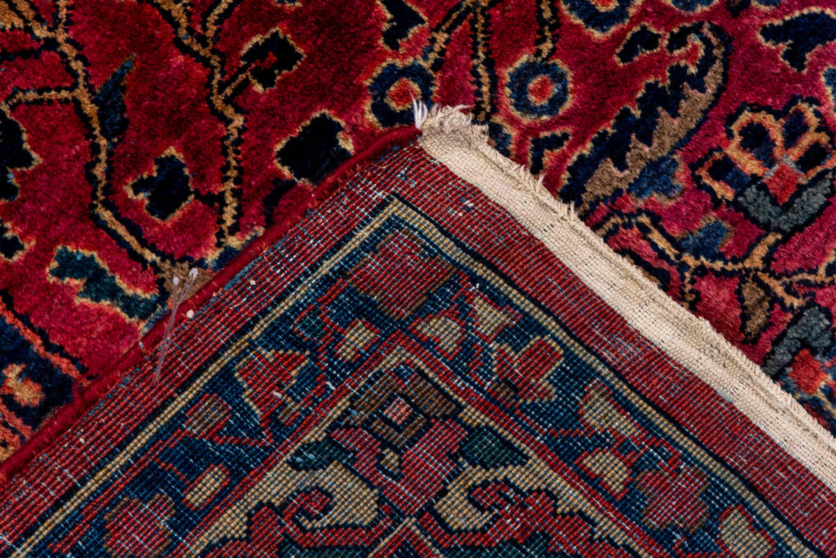 9' x 12' one-of-a-kind handmade antique Sarouk large size rug. Color palette: red, navy, rose, ivory, burgundy, cobalt