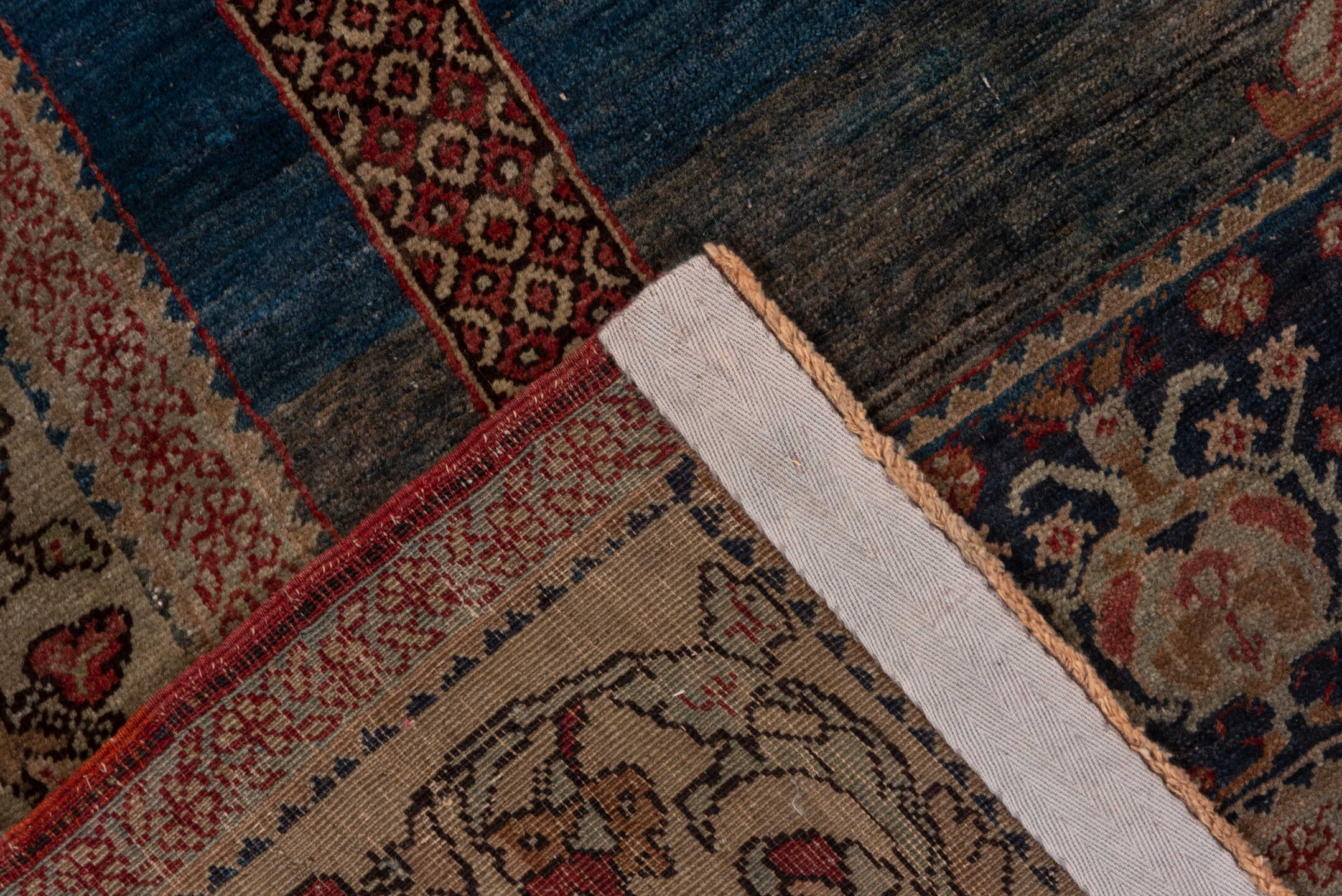 4' x 6' one-of-a-kind handmade antique Kaisary small size rug. Color palette: ivory, navy, rust, camel, rose, brown, slate