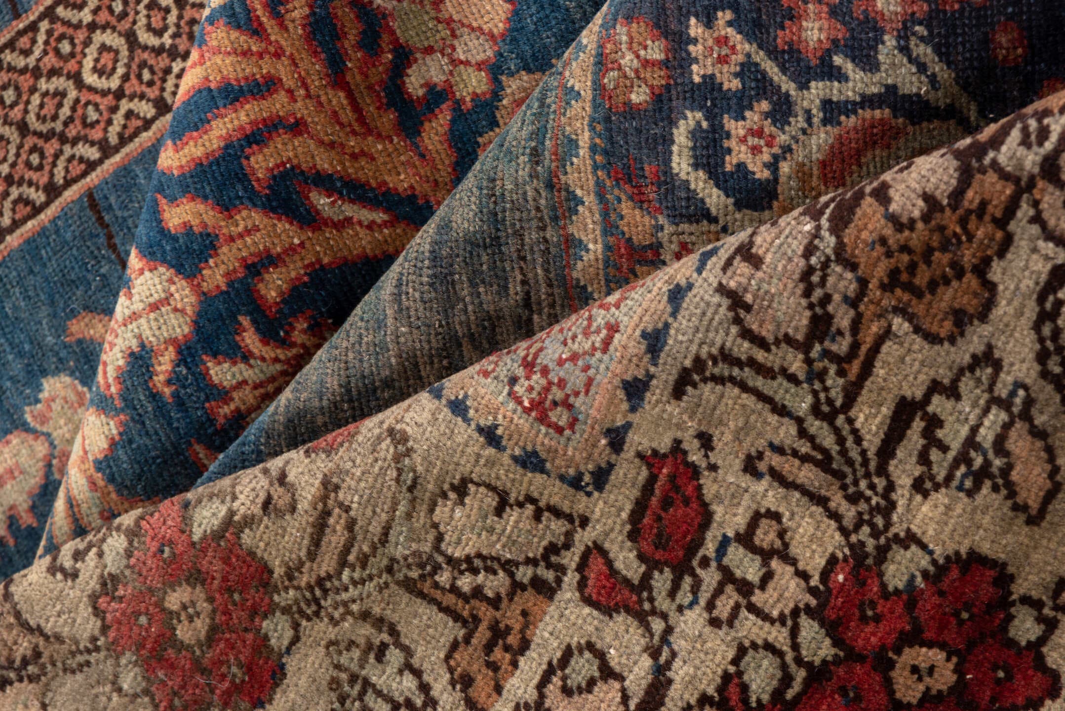 4' x 6' one-of-a-kind handmade antique Kaisary small size rug. Color palette: ivory, navy, rust, camel, rose, brown, slate
