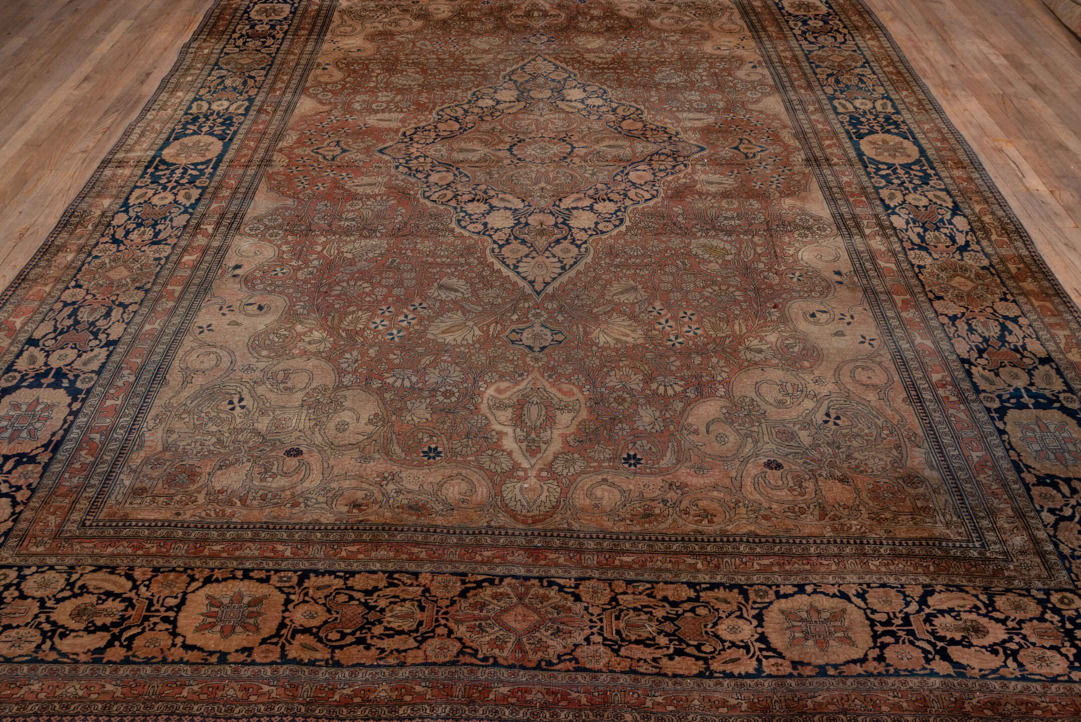 9' x 13' one-of-a-kind handmade vintage Mohtasham Kashan large size rug. Color palette: black, blue, brown, charcoal, gray
