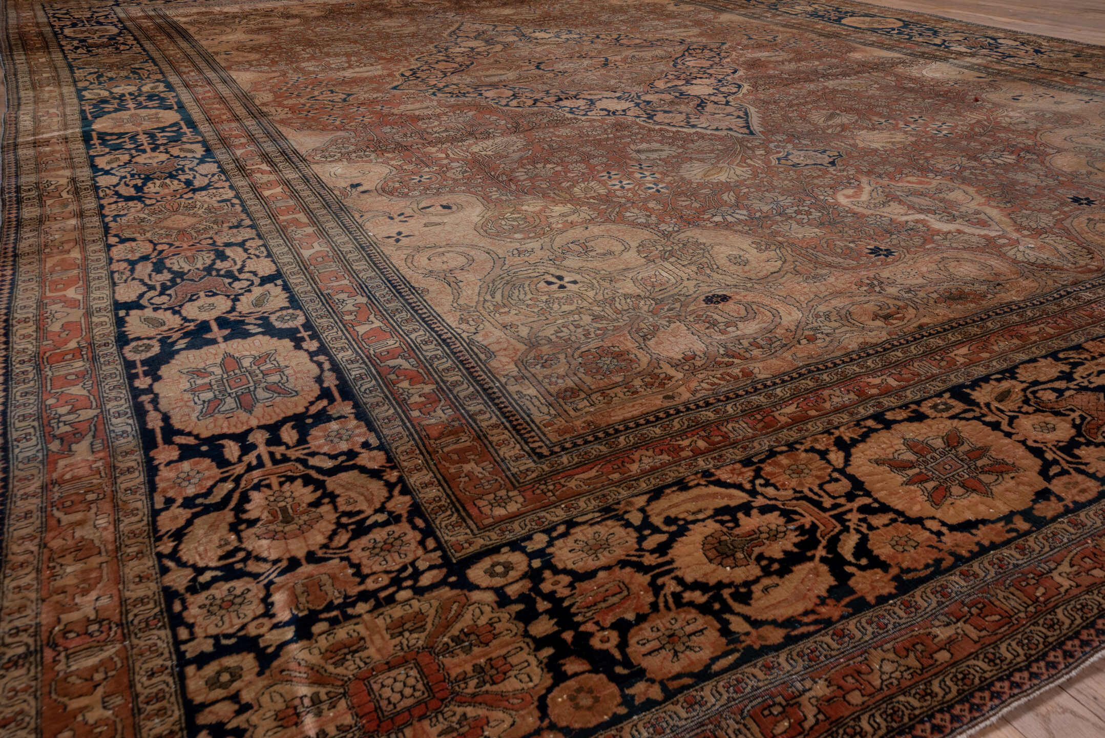9' x 13' one-of-a-kind handmade vintage Mohtasham Kashan large size rug. Color palette: black, blue, brown, charcoal, gray