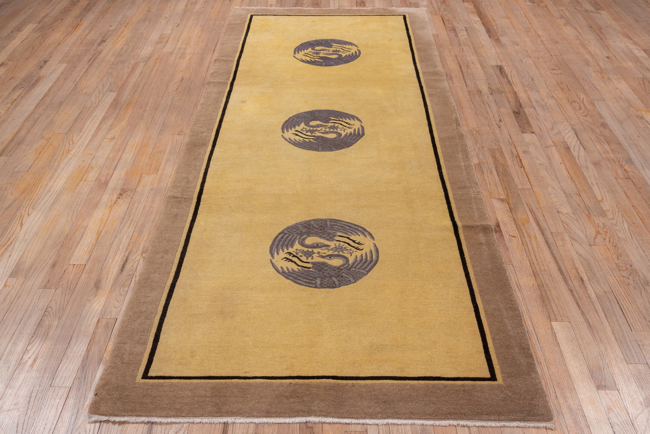 4' x 9' one-of-a-kind handmade antique Chinese runner rug. Color palette: gold, taupe, charcoal, camel, beige, gray, black
