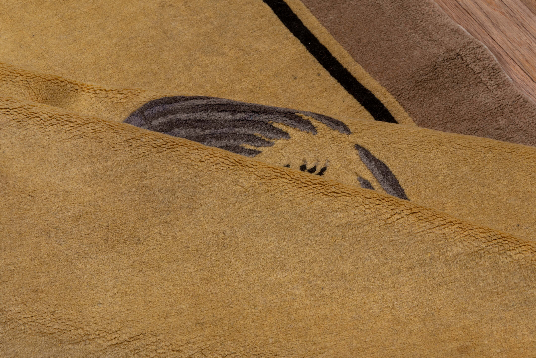 4' x 9' one-of-a-kind handmade vintage Chinese runner rug. Color palette: black, brown, gray, off-white, snow, white