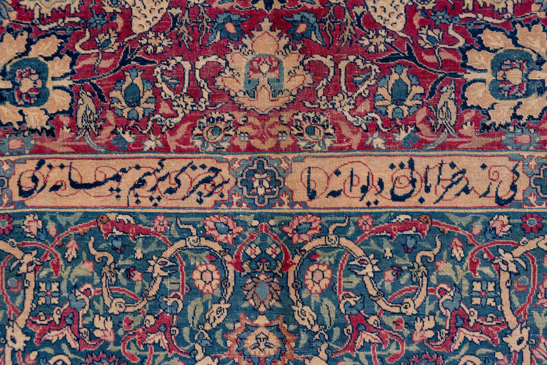 8' x 12' one-of-a-kind handmade antique Tabriz large size rug. Color palette: crimson, navy, ivory, rose, slate, taupe