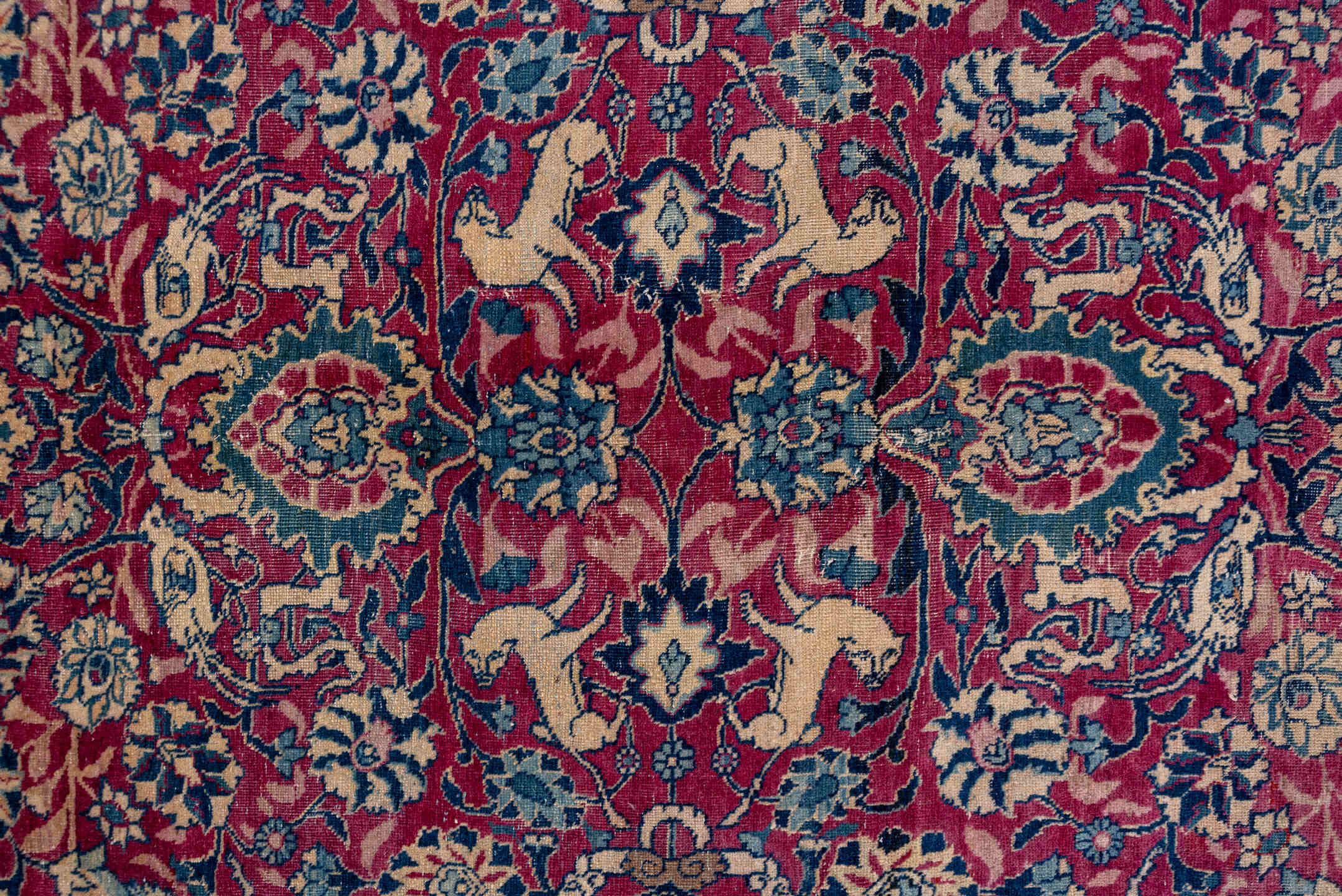 8' x 12' one-of-a-kind handmade antique Tabriz large size rug. Color palette: crimson, navy, ivory, rose, slate, taupe
