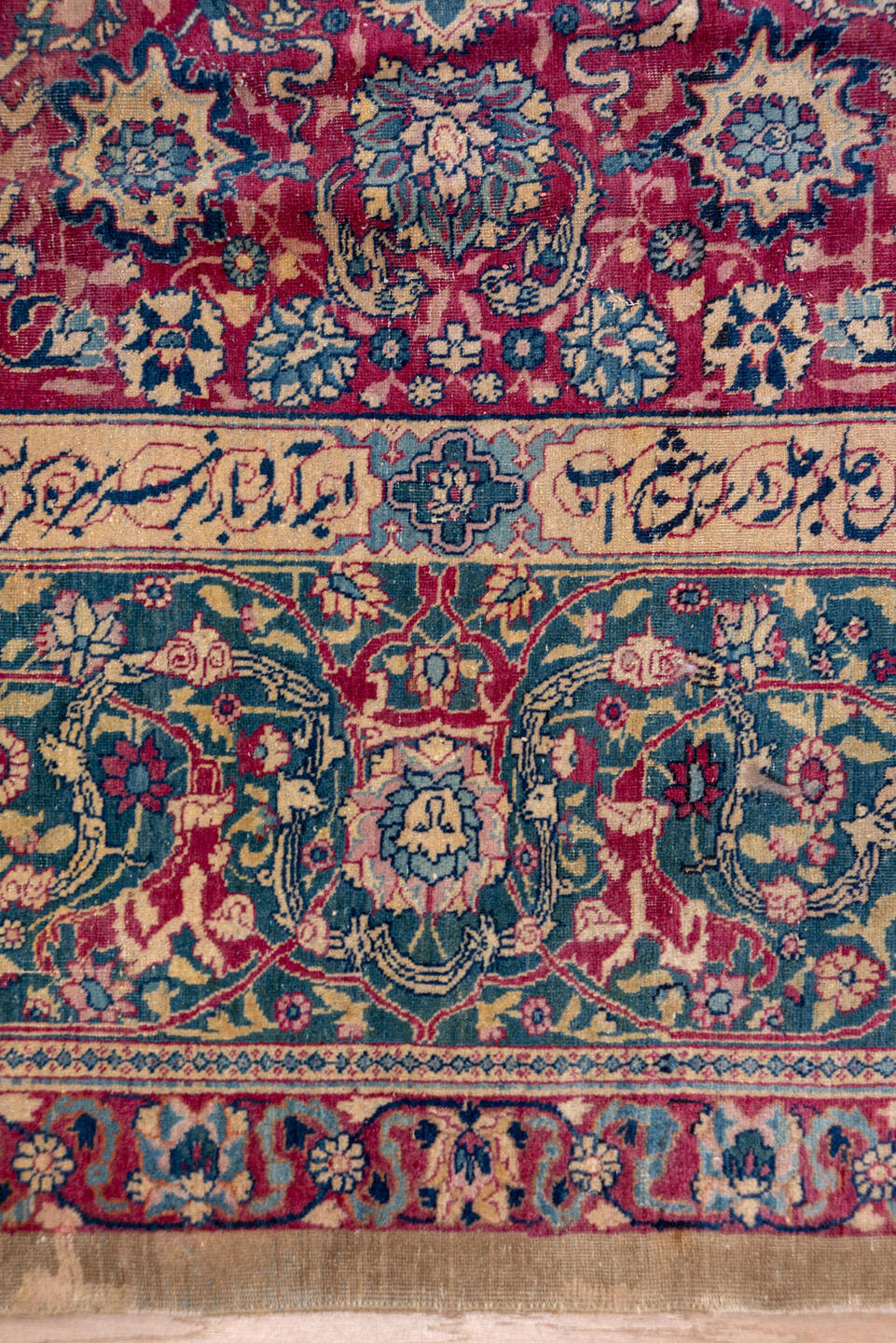 8' x 12' one-of-a-kind handmade antique Tabriz large size rug. Color palette: crimson, navy, ivory, rose, slate, taupe
