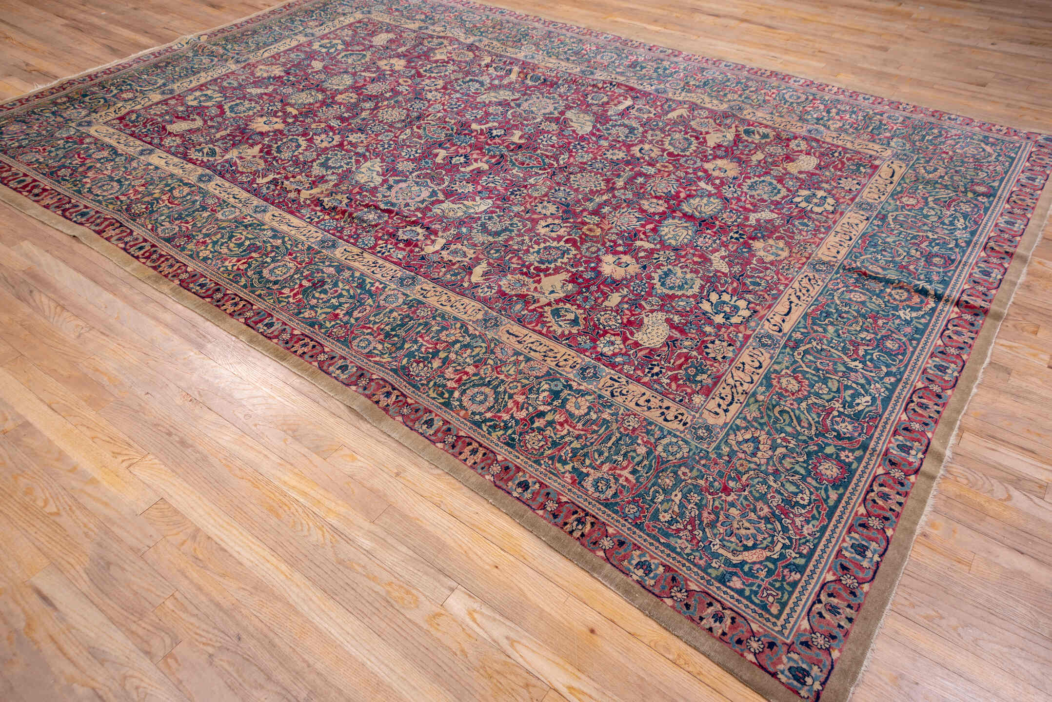8' x 12' one-of-a-kind handmade antique Tabriz large size rug. Color palette: crimson, navy, ivory, rose, slate, taupe