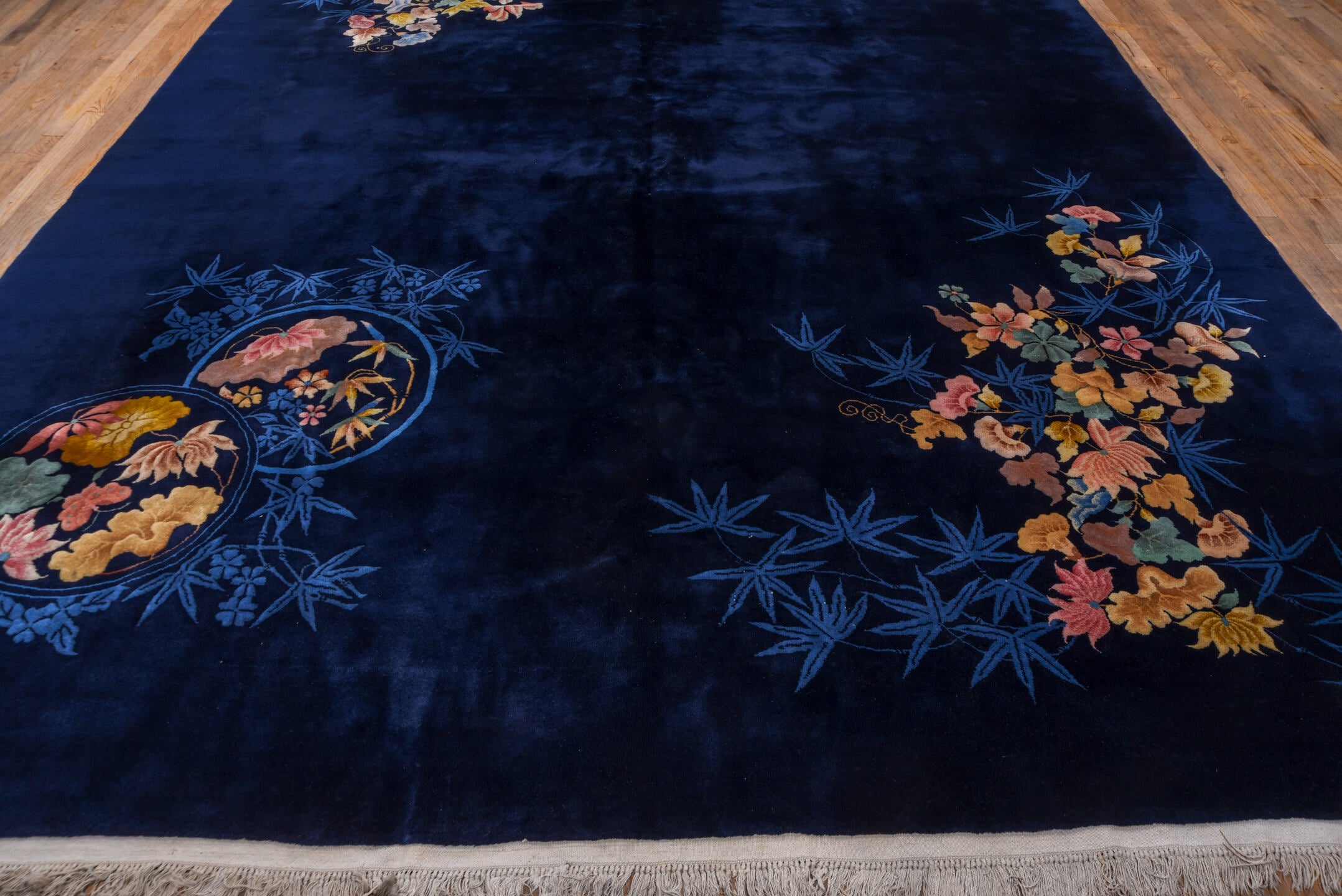 9' x 13' one-of-a-kind handmade vintage Chinese large size rug. Color palette: navy, powder_blue, blush, gold, sage, ivory
