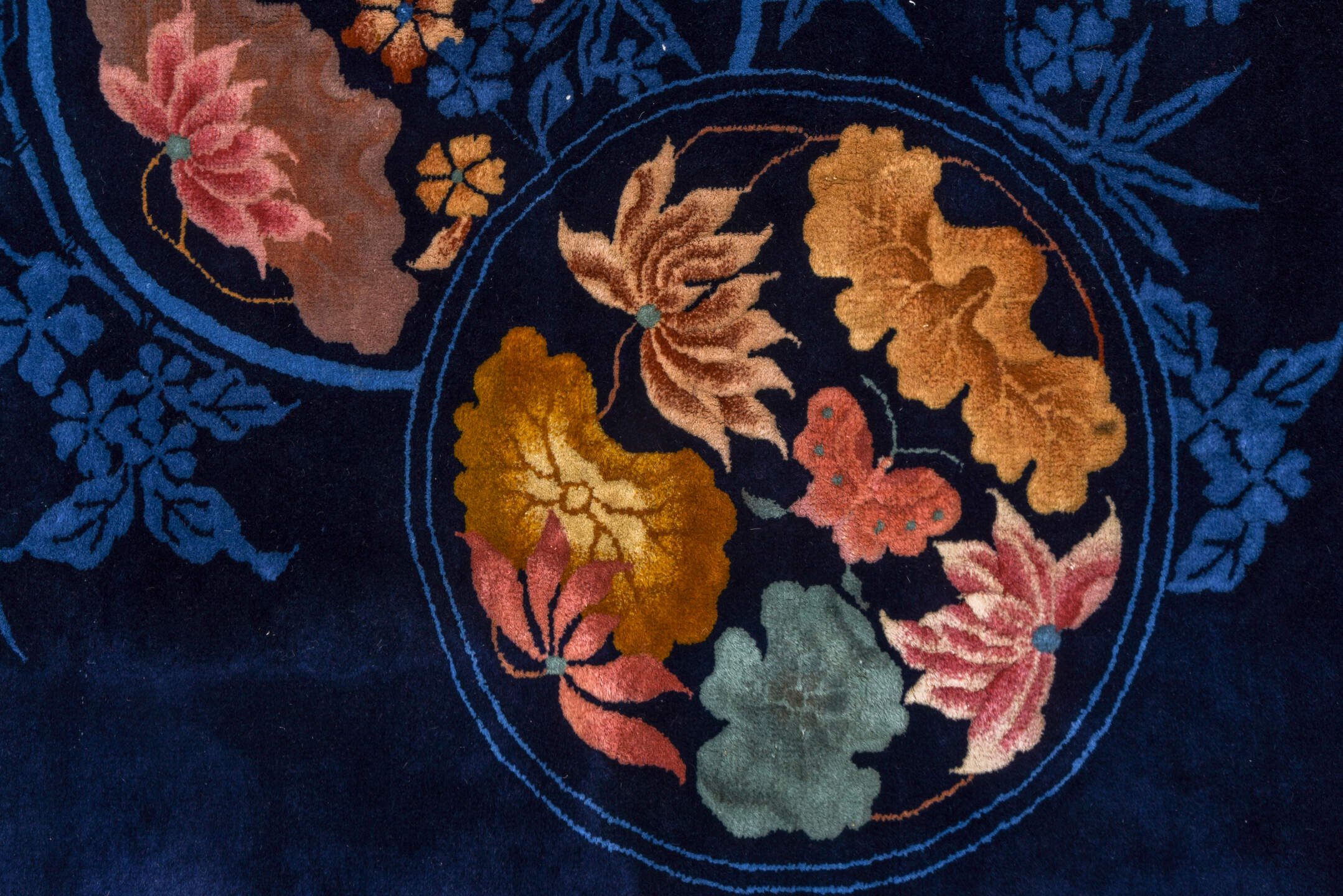 9' x 13' one-of-a-kind handmade vintage Chinese large size rug. Color palette: navy, powder_blue, blush, gold, sage, ivory
