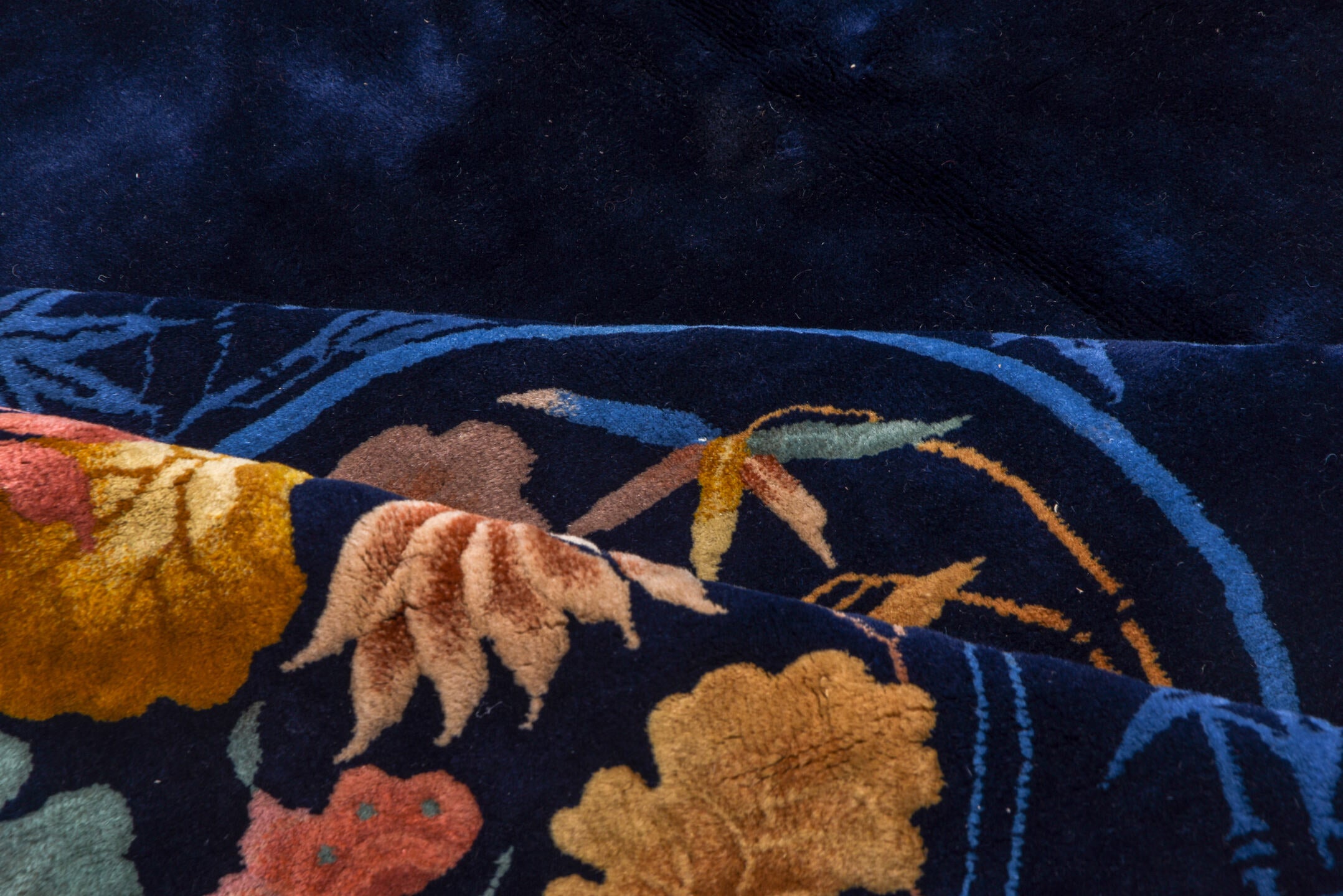 9' x 13' one-of-a-kind handmade vintage Chinese large size rug. Color palette: navy, powder_blue, blush, gold, sage, ivory