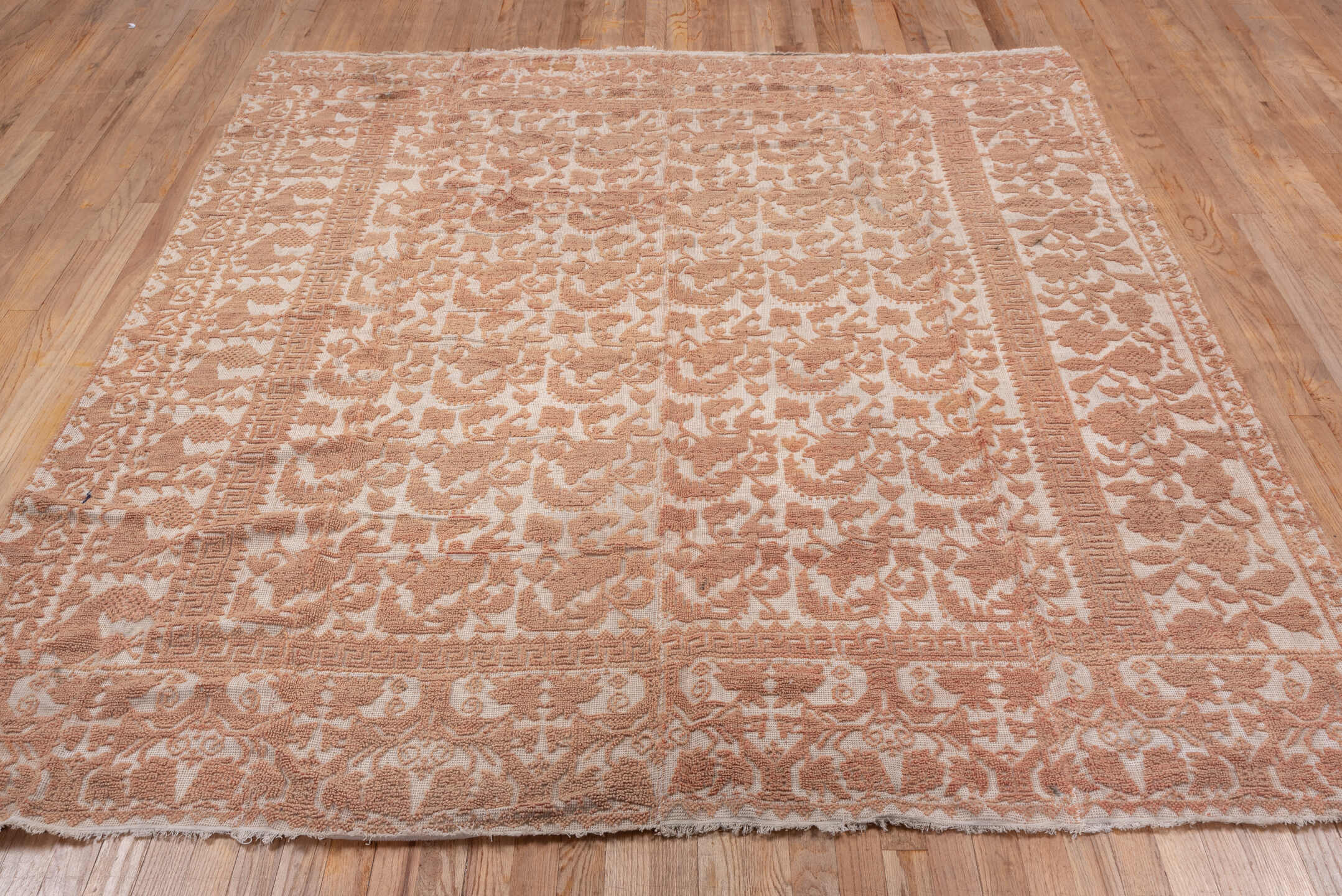 6' x 7' one-of-a-kind handmade antique Spanish rug. Color palette: ivory, rose, taupe, blush, camel, pink, red, beige, gray