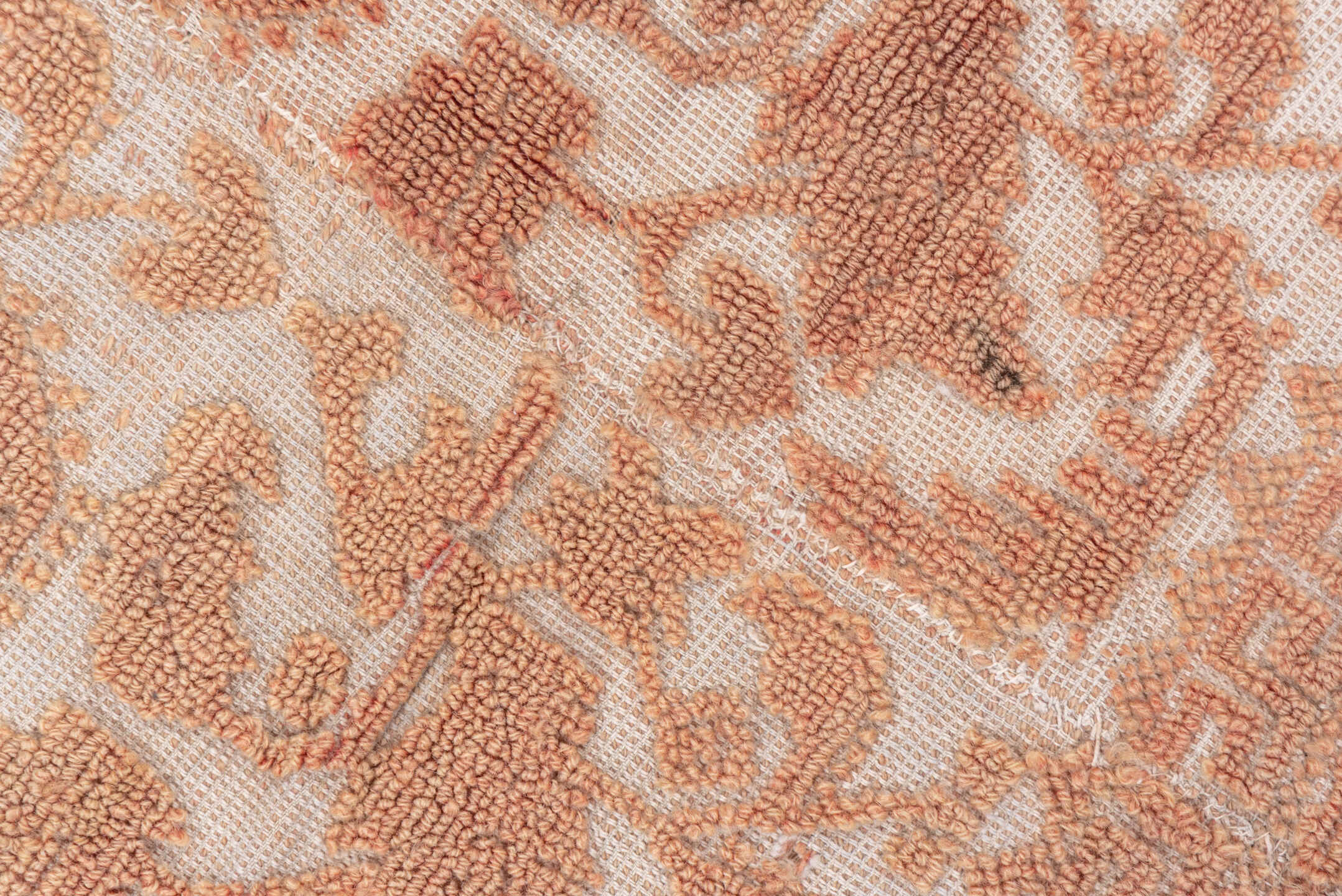 6' x 7' one-of-a-kind handmade antique Spanish rug. Color palette: ivory, rose, taupe, blush, camel, pink, red, beige, gray