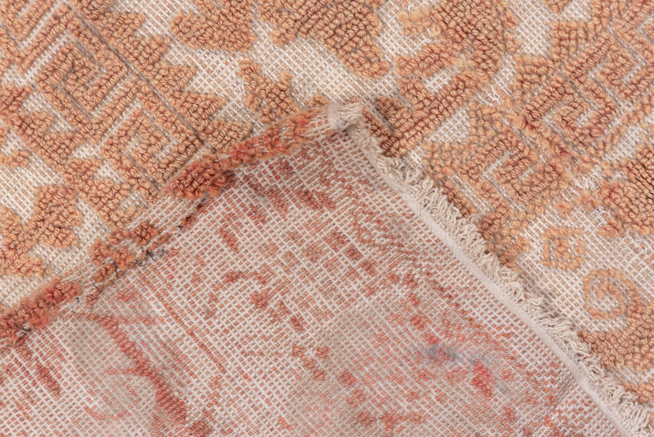 6' x 7' one-of-a-kind handmade vintage Spanish rug. Color palette: brown, gray, light gray, off-white, orange, pink