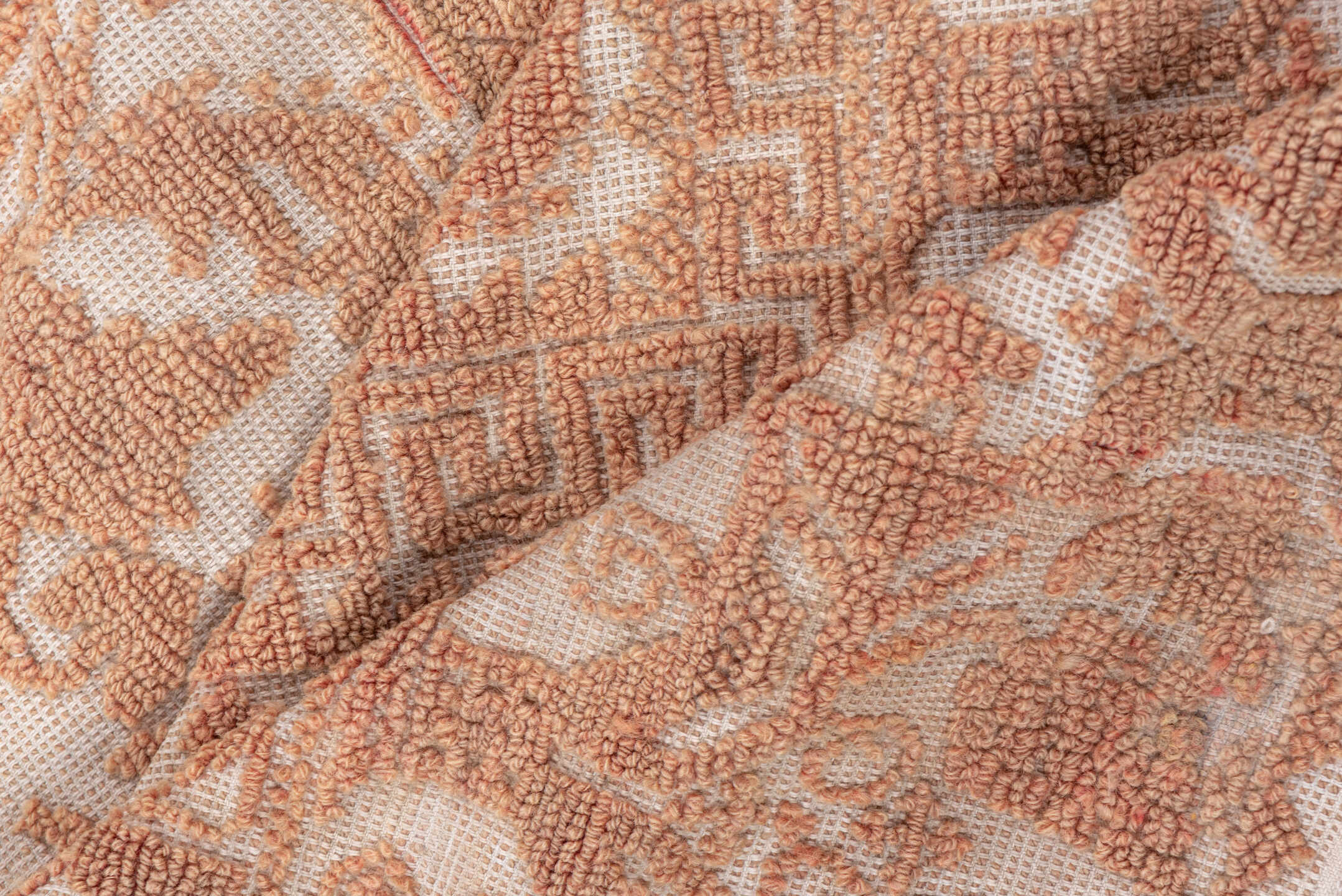 6' x 7' one-of-a-kind handmade antique Spanish rug. Color palette: ivory, rose, taupe, blush, camel, pink, red, beige, gray