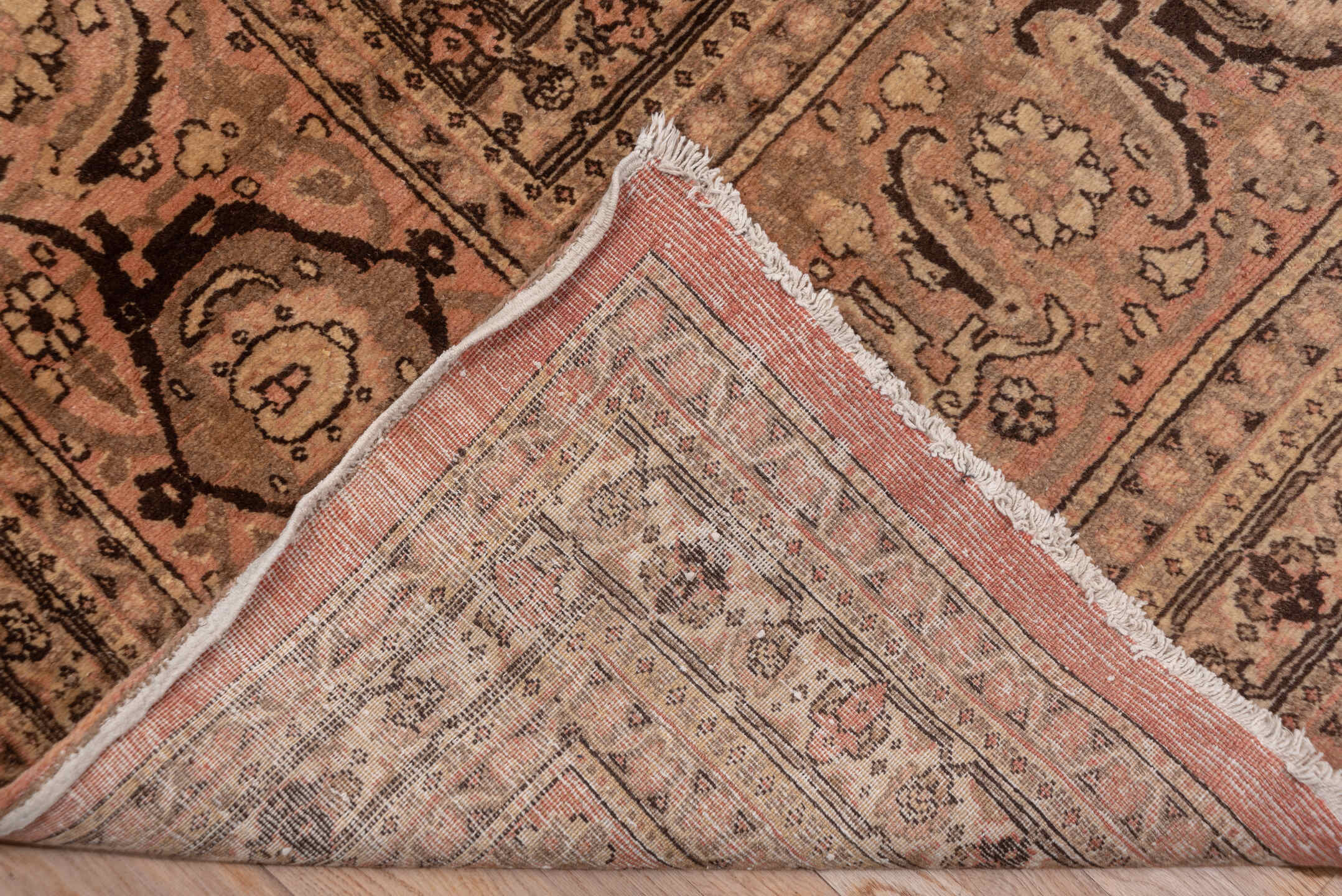 12' x 16' one-of-a-kind handmade vintage Tabriz oversize rug. Color palette: brown, orange, pink, redwood