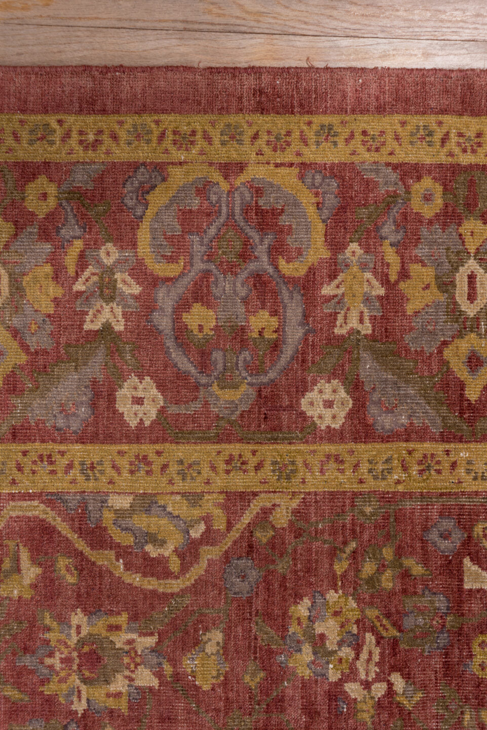 9' x 13' one-of-a-kind handmade vintage Mahal large size rug. Color palette: brown, pink, redwood