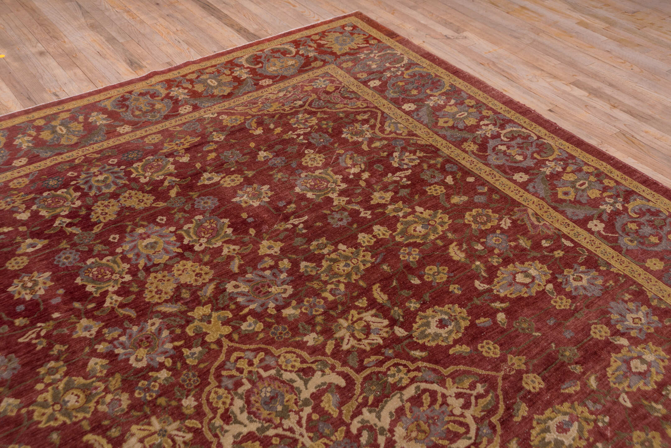 9' x 13' one-of-a-kind handmade vintage Mahal large size rug. Color palette: brown, pink, redwood