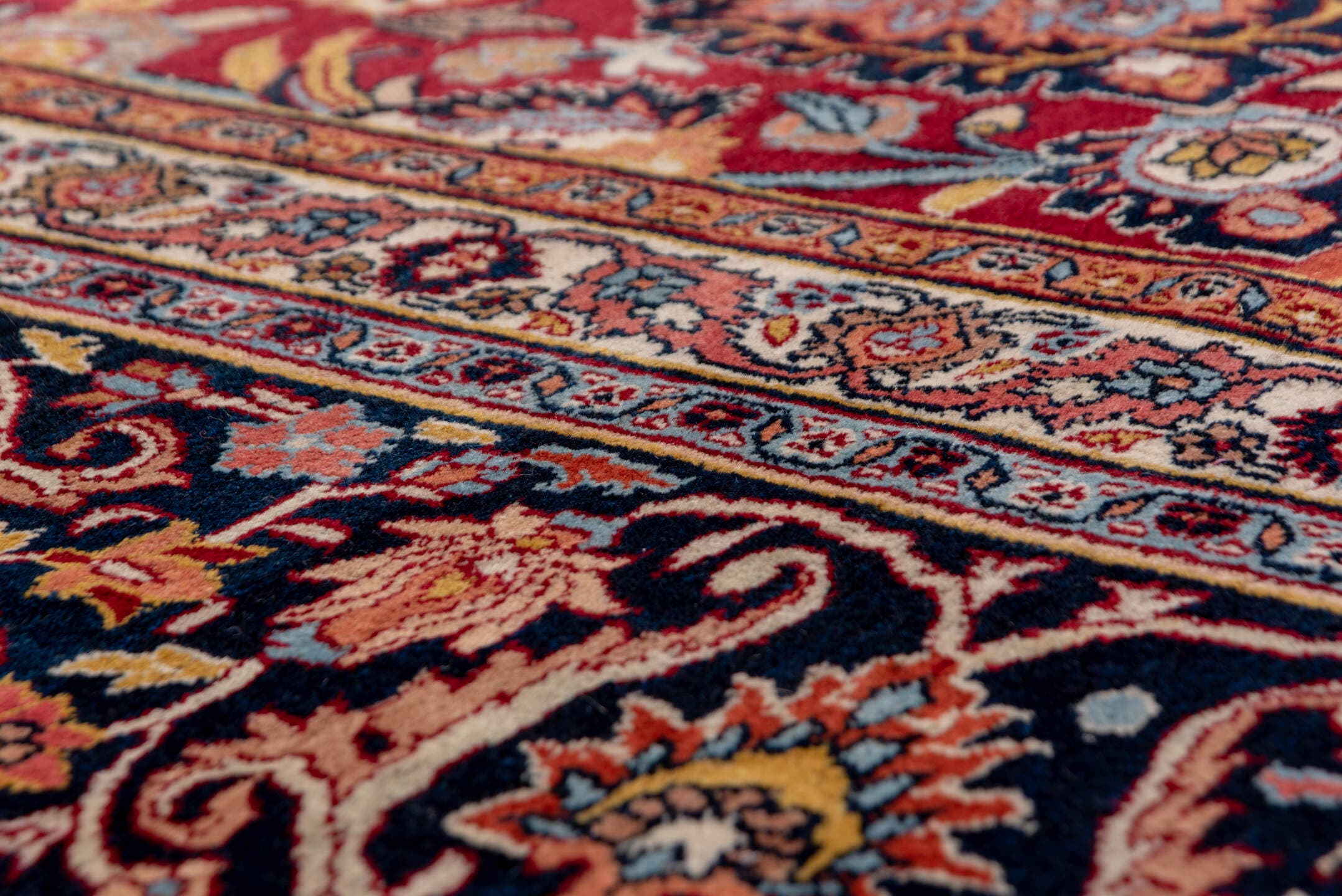 13' x 17' one-of-a-kind handmade antique Khorassan oversize rug. Color palette: red, navy, ivory, rose, slate, taupe, camel