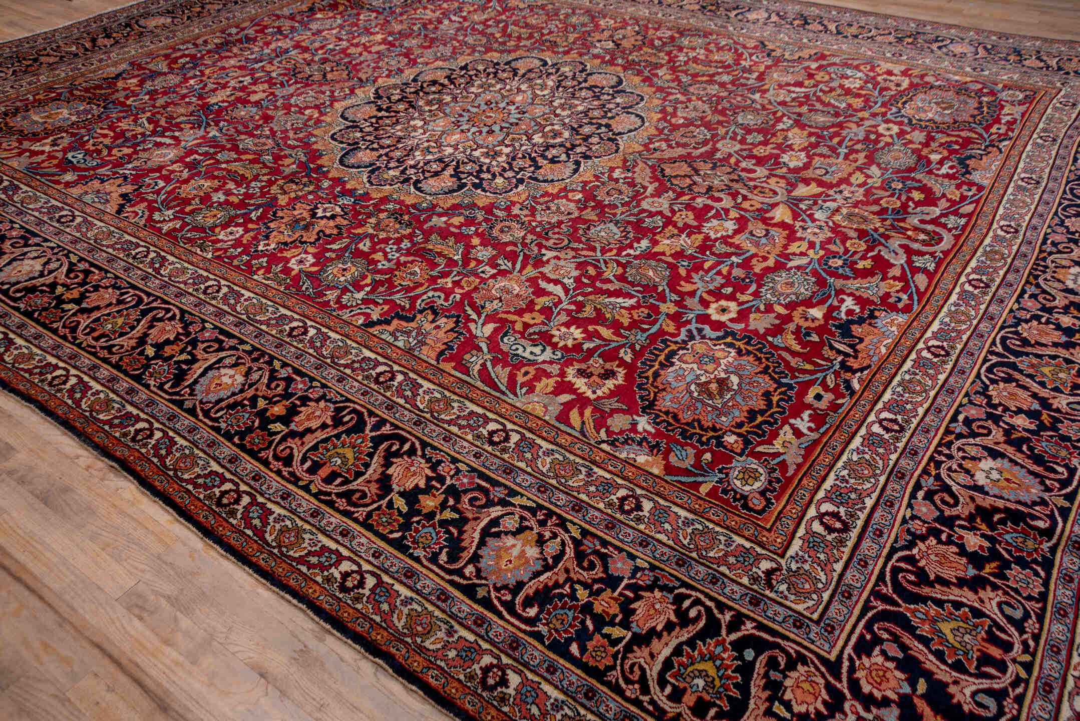13' x 17' one-of-a-kind handmade antique Khorassan oversize rug. Color palette: red, navy, ivory, rose, slate, taupe, camel