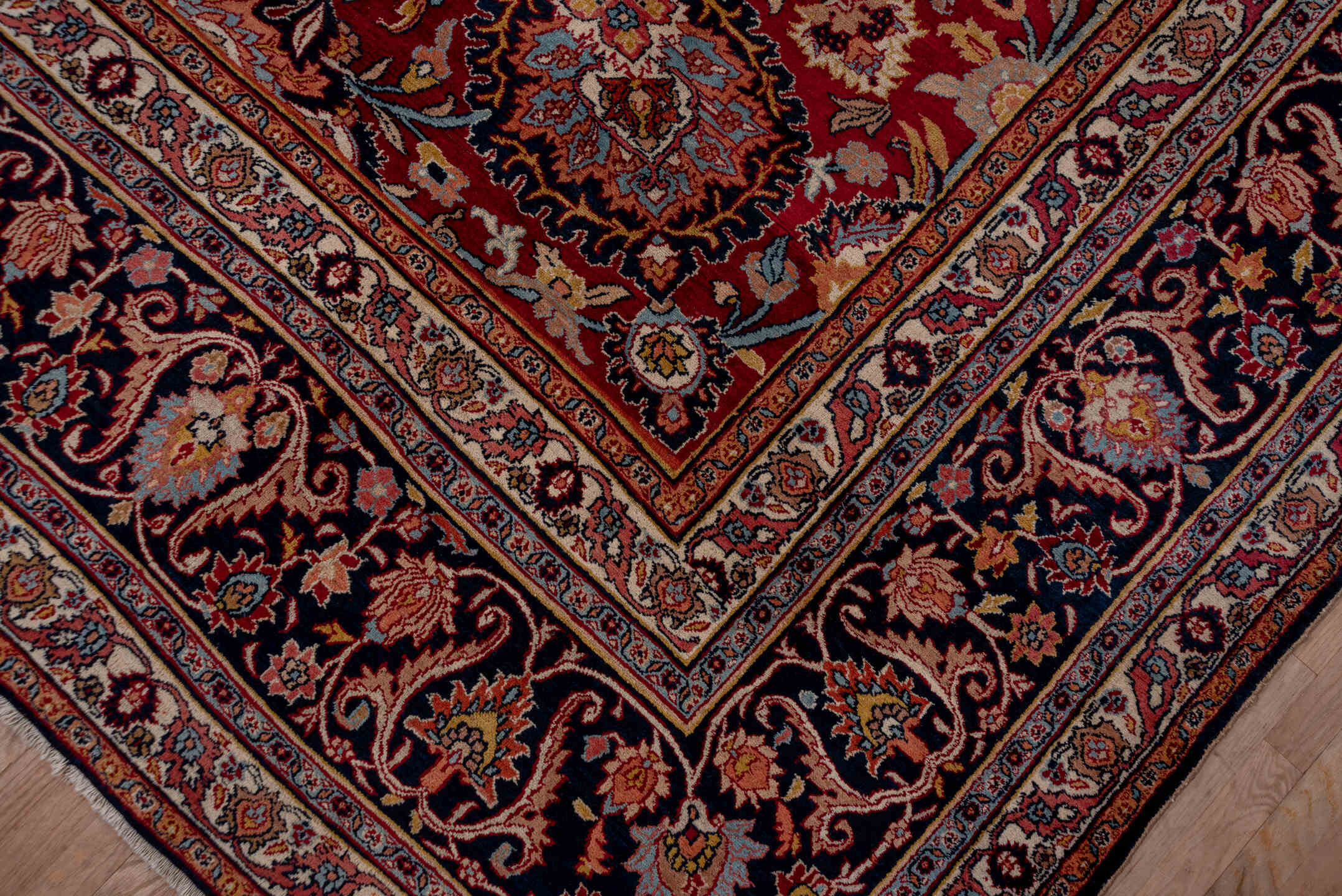 13' x 17' one-of-a-kind handmade antique Khorassan oversize rug. Color palette: red, navy, ivory, rose, slate, taupe, camel