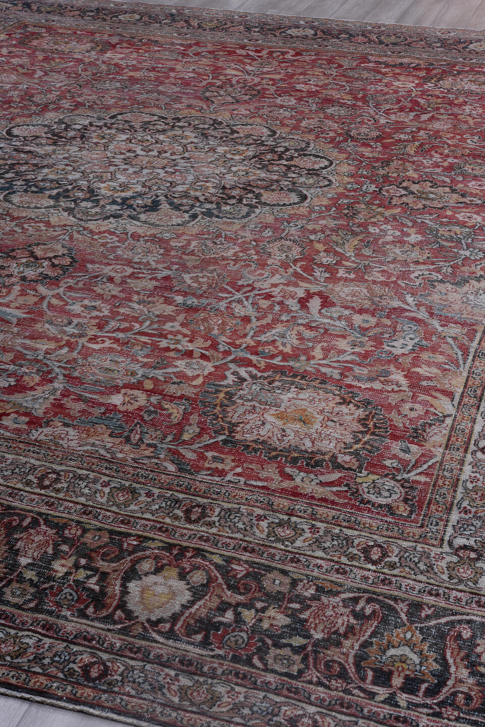 13' x 17' one-of-a-kind handmade vintage Khorassan oversize rug. Color palette: black, blue, brown, gray, pink, red