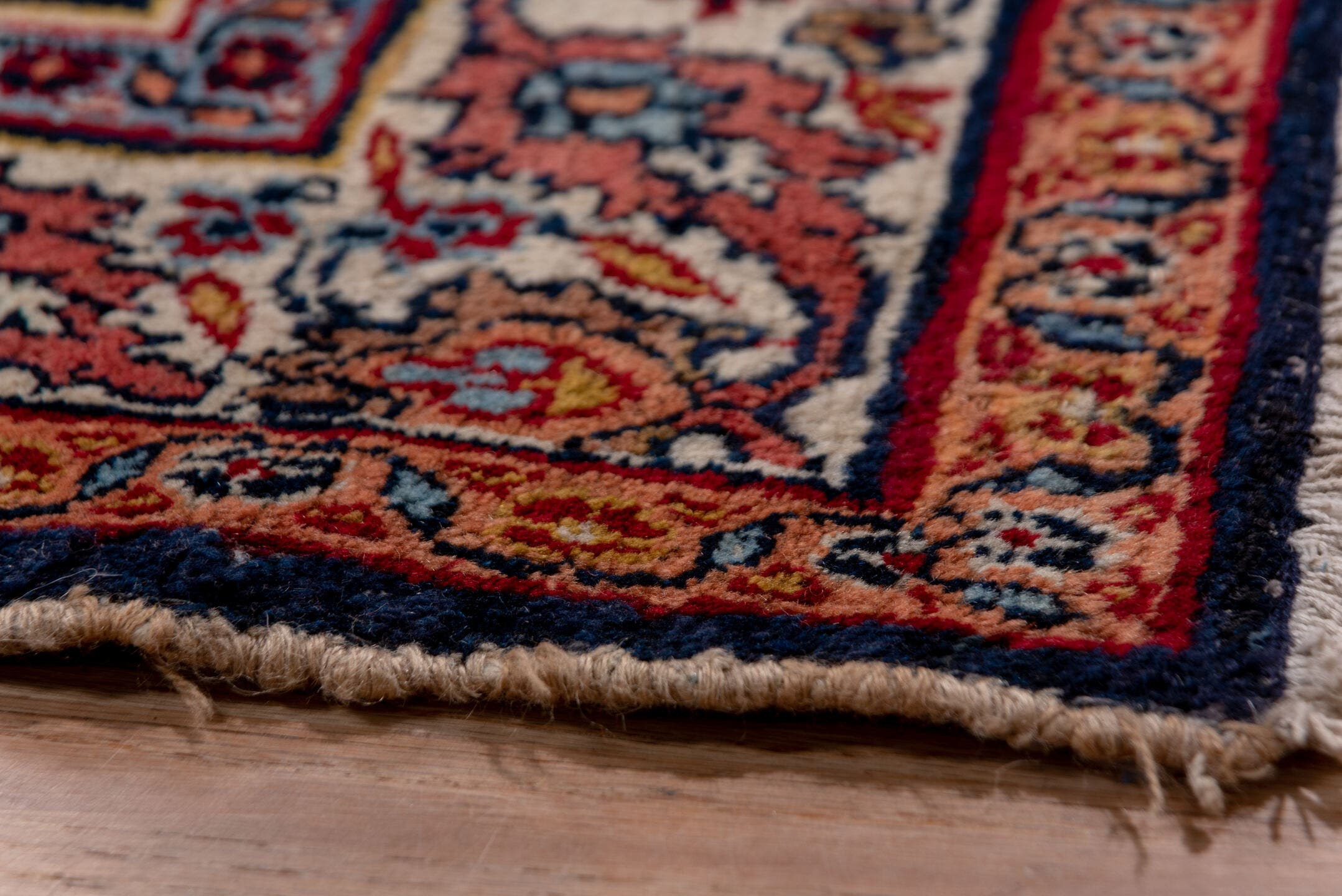 13' x 17' one-of-a-kind handmade antique Khorassan oversize rug. Color palette: red, navy, ivory, rose, slate, taupe, camel