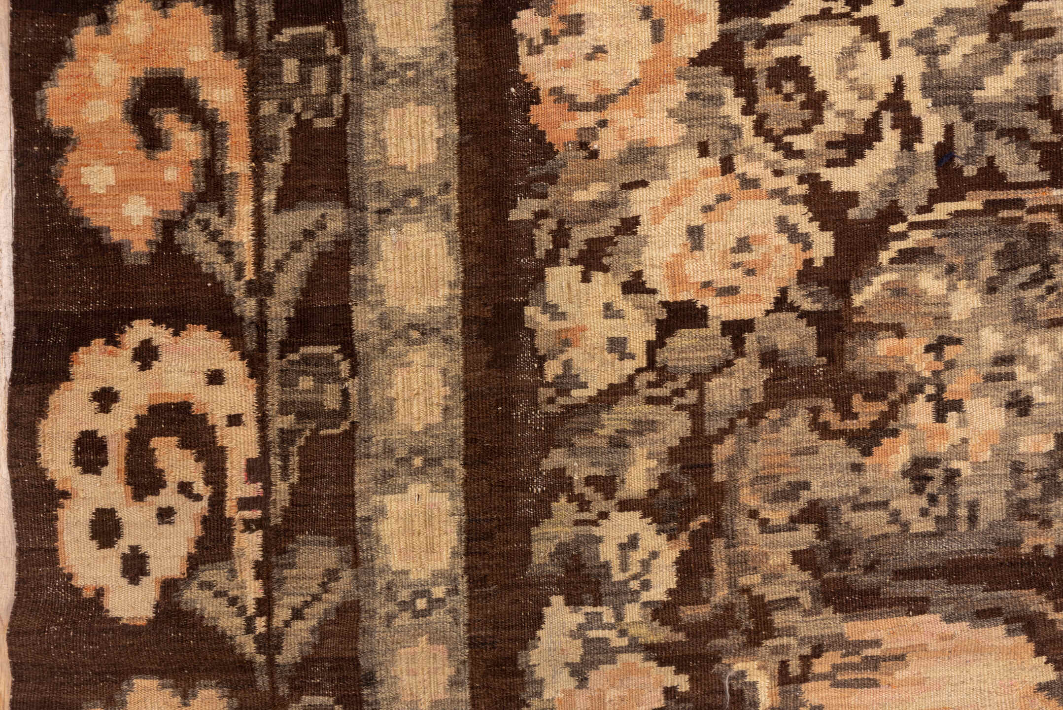 5' x 10' one-of-a-kind handmade vintage Kilim medium size rug. Color palette: brown, off-white, orange