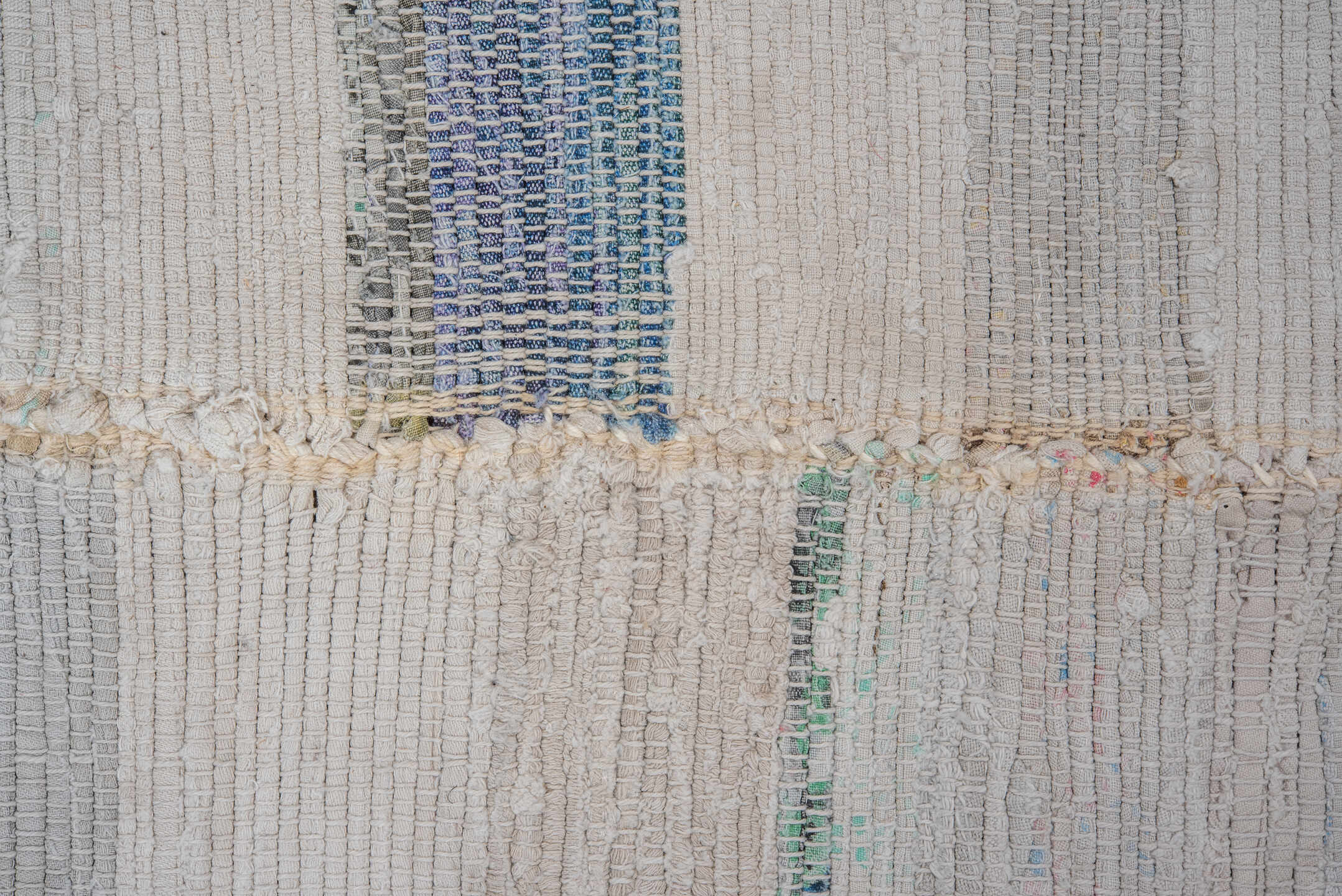 5' x 11' one-of-a-kind handmade antique Rag Rug rug. Color palette: ivory, pale blue, blush, taupe, charcoal, aqua