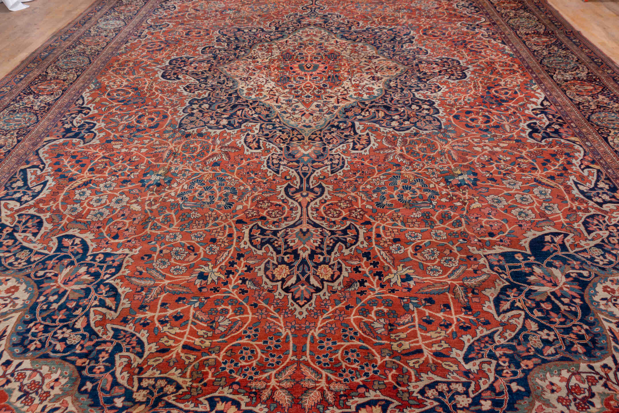 13' x 20' one-of-a-kind handmade antique Far.Sarouk oversize rug. Color palette: rust, navy, ivory, sky_blue, rose