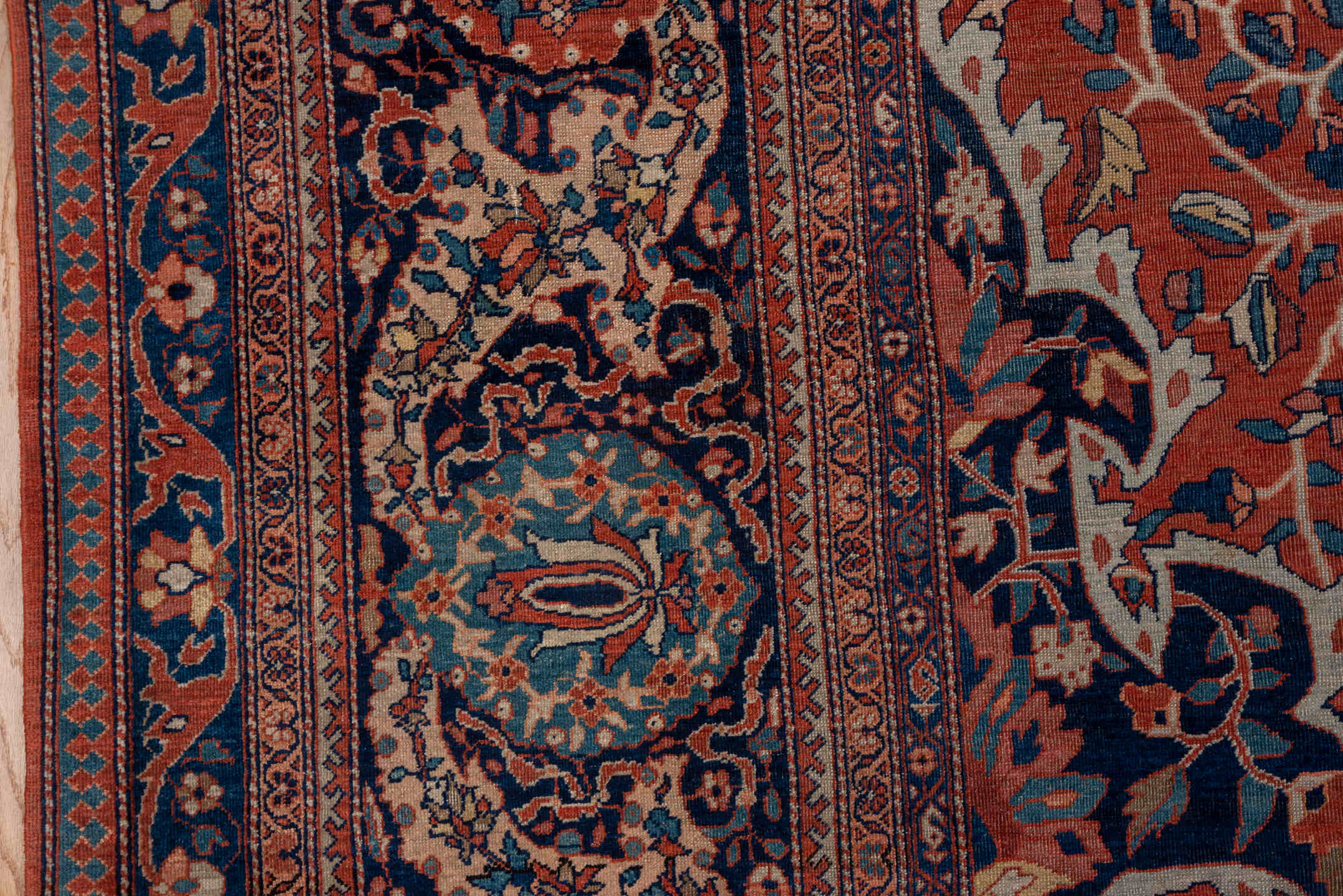 13' x 20' one-of-a-kind handmade antique Far.Sarouk oversize rug. Color palette: rust, navy, ivory, sky_blue, rose