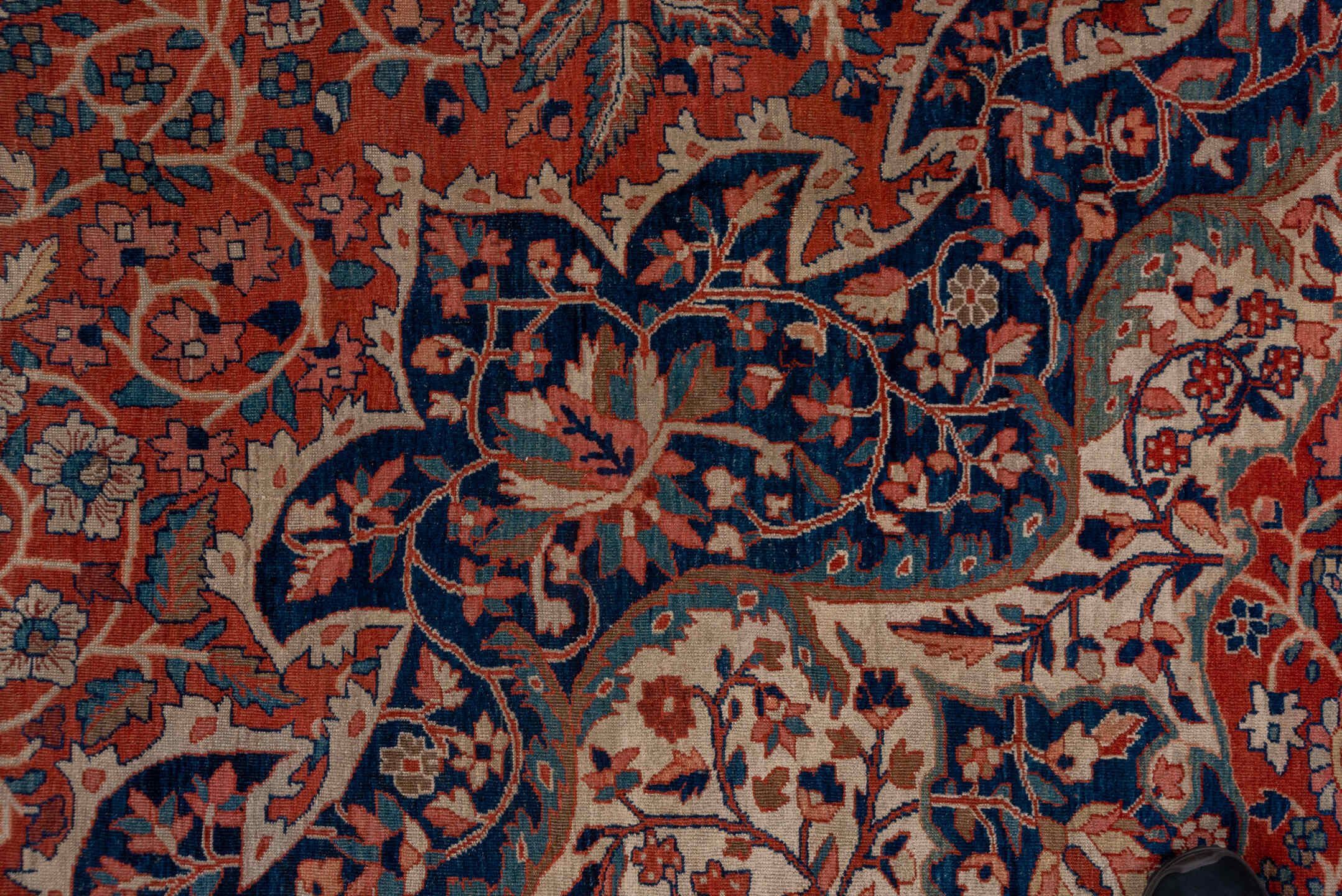 13' x 20' one-of-a-kind handmade antique Far.Sarouk oversize rug. Color palette: rust, navy, ivory, sky_blue, rose