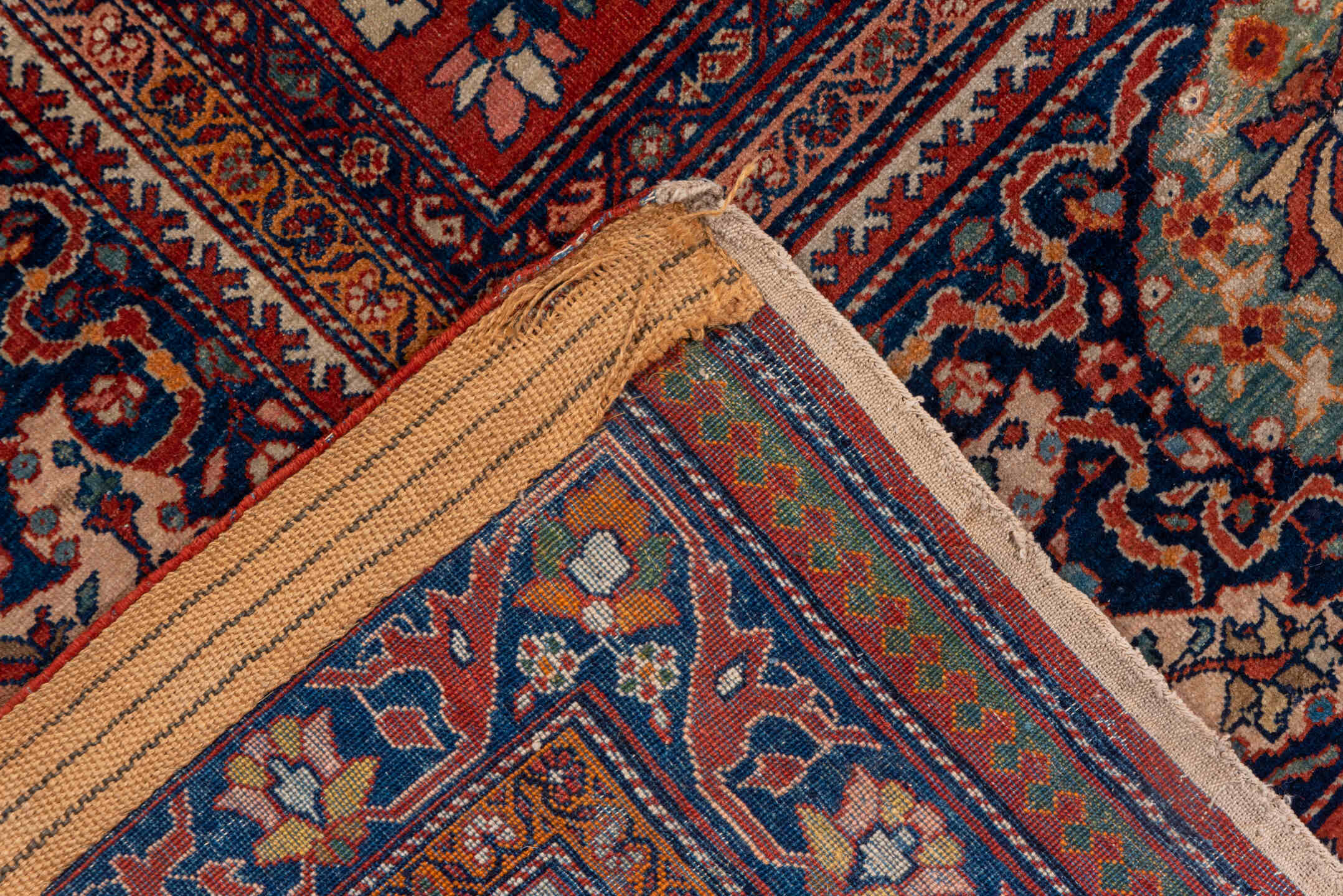 13' x 20' one-of-a-kind handmade antique Far.Sarouk oversize rug. Color palette: rust, navy, ivory, sky_blue, rose