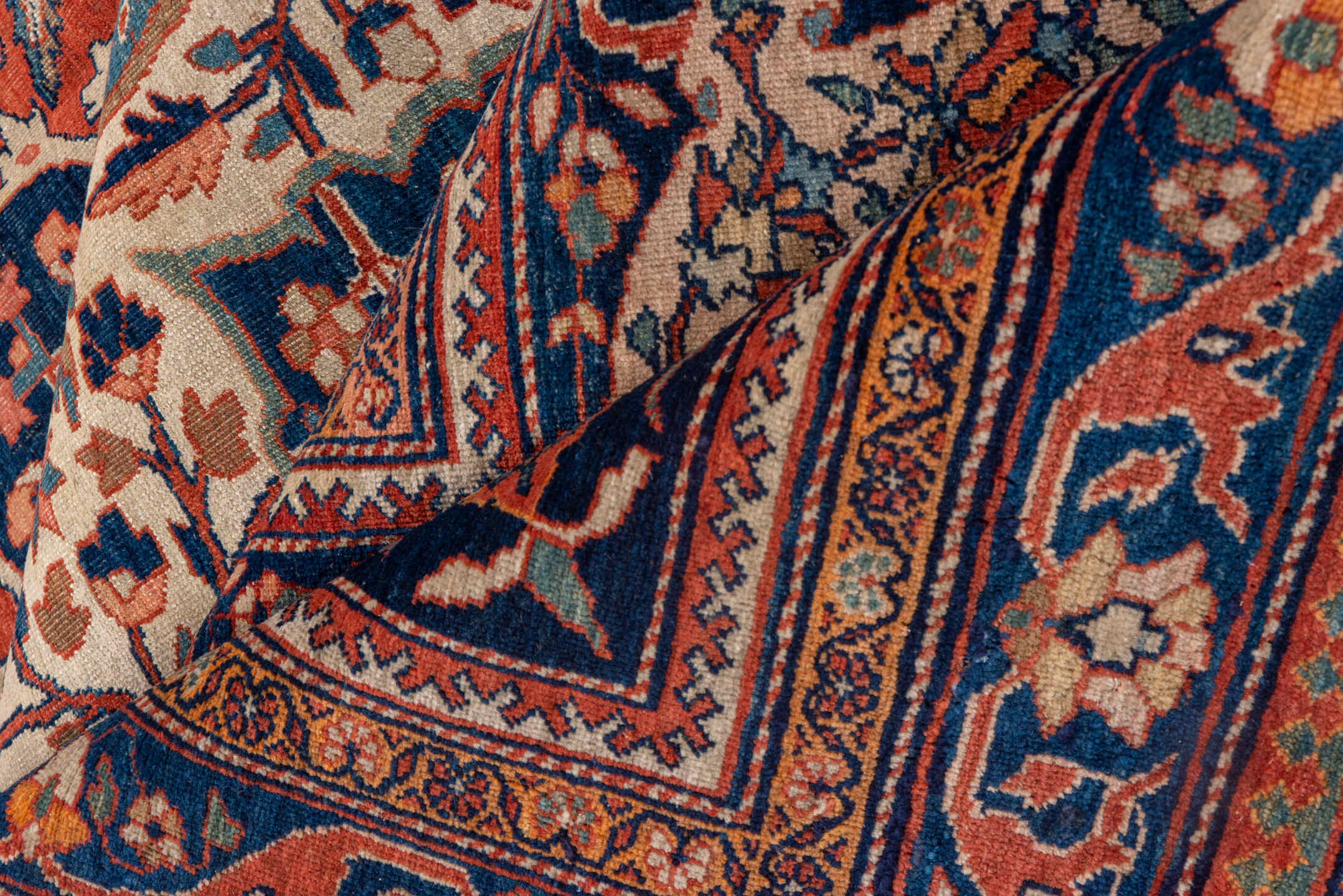 13' x 20' one-of-a-kind handmade antique Far.Sarouk oversize rug. Color palette: rust, navy, ivory, sky_blue, rose