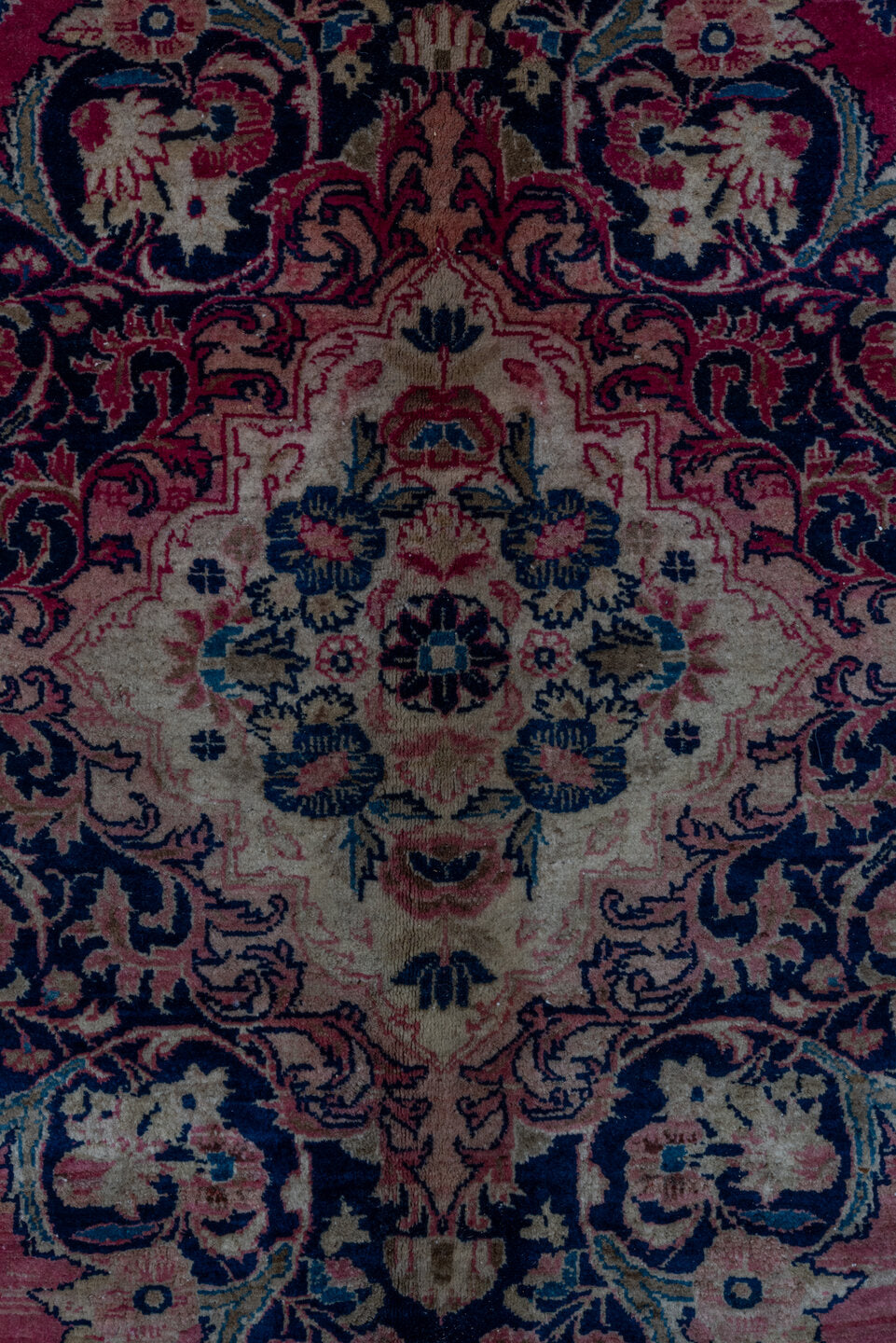 8' x 11' one-of-a-kind handmade vintage Kazvin large size rug. Color palette: blue, brown, gray, off-white, pink, red, snow