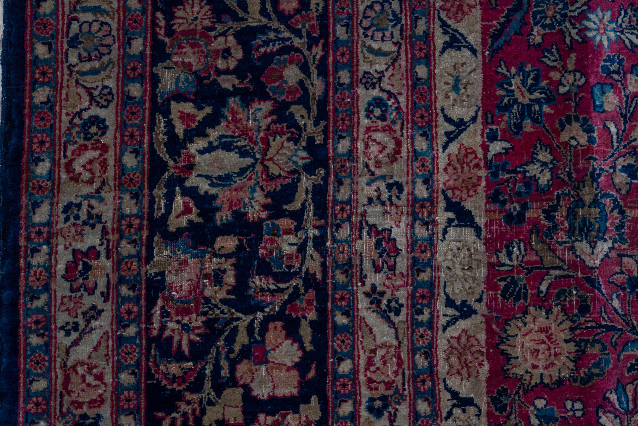 8' x 11' one-of-a-kind handmade vintage Kazvin large size rug. Color palette: blue, brown, gray, off-white, pink, red, snow
