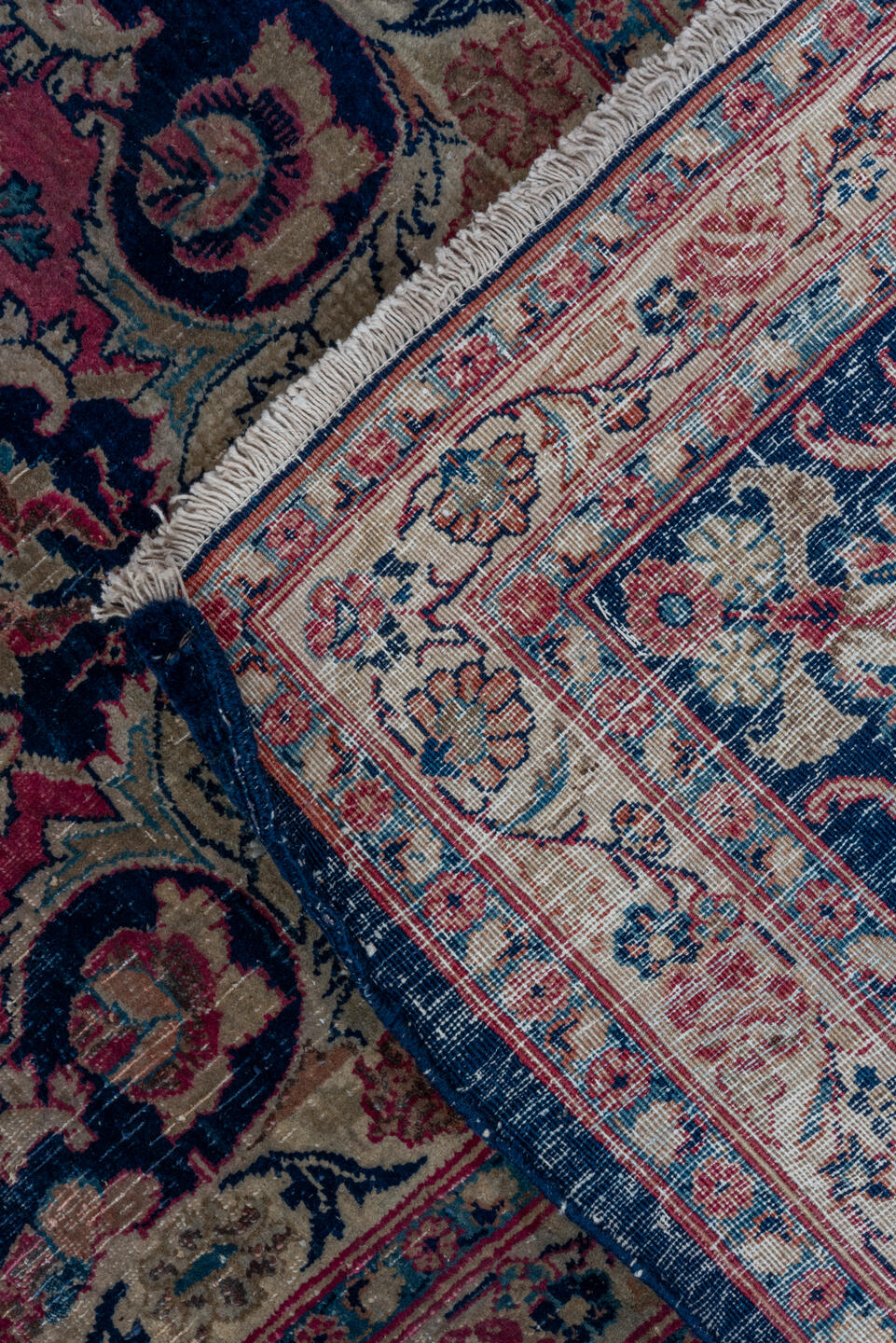 8' x 11' one-of-a-kind handmade vintage Kazvin large size rug. Color palette: blue, brown, gray, off-white, pink, red, snow