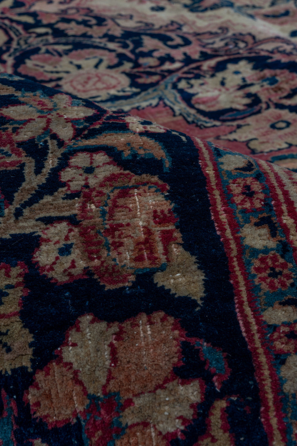 8' x 11' one-of-a-kind handmade vintage Kazvin large size rug. Color palette: blue, brown, gray, off-white, pink, red, snow