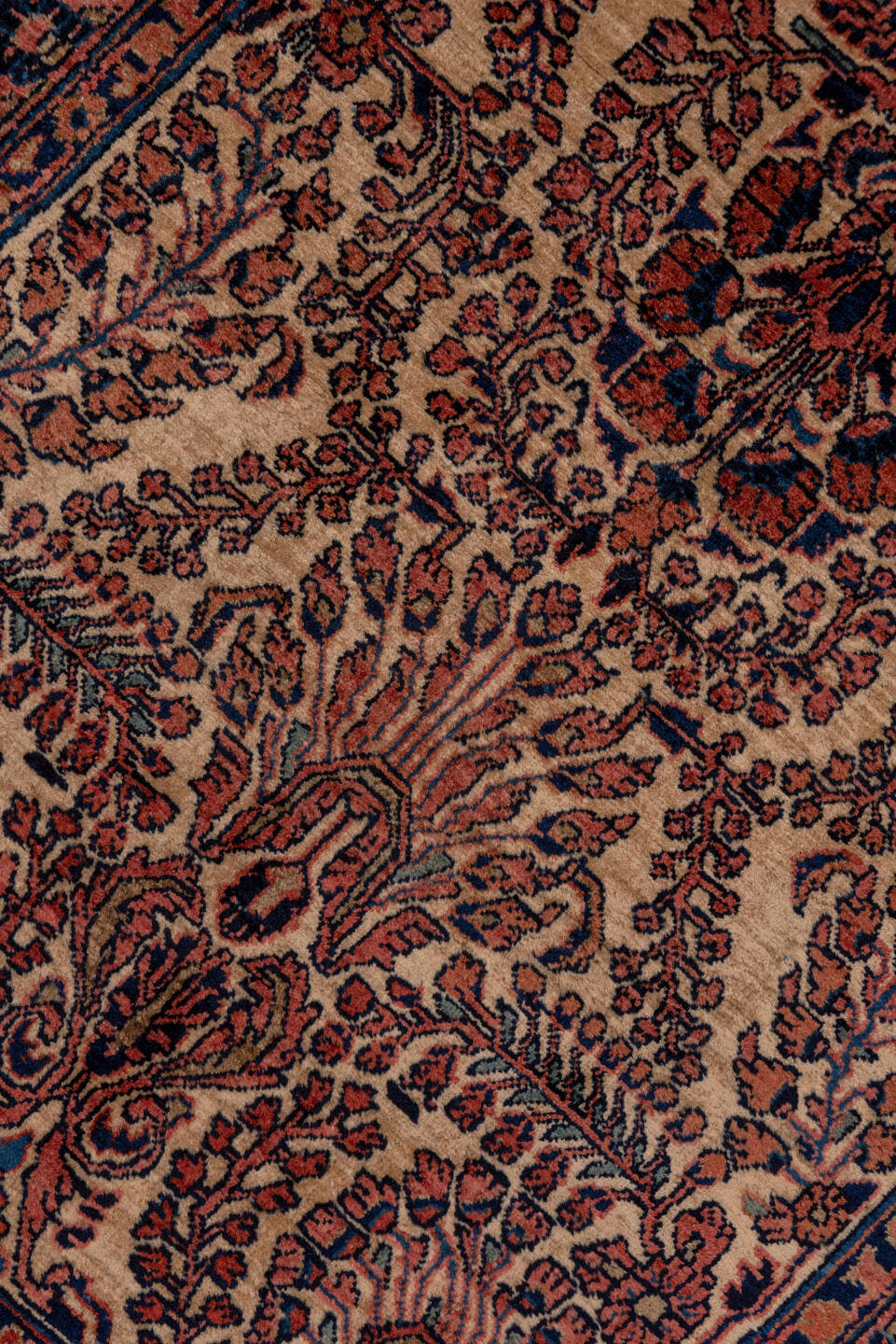2' x 10' one-of-a-kind handmade antique Sarouk runner rug. Color palette: ivory, navy, rust, camel, burgundy, blue
