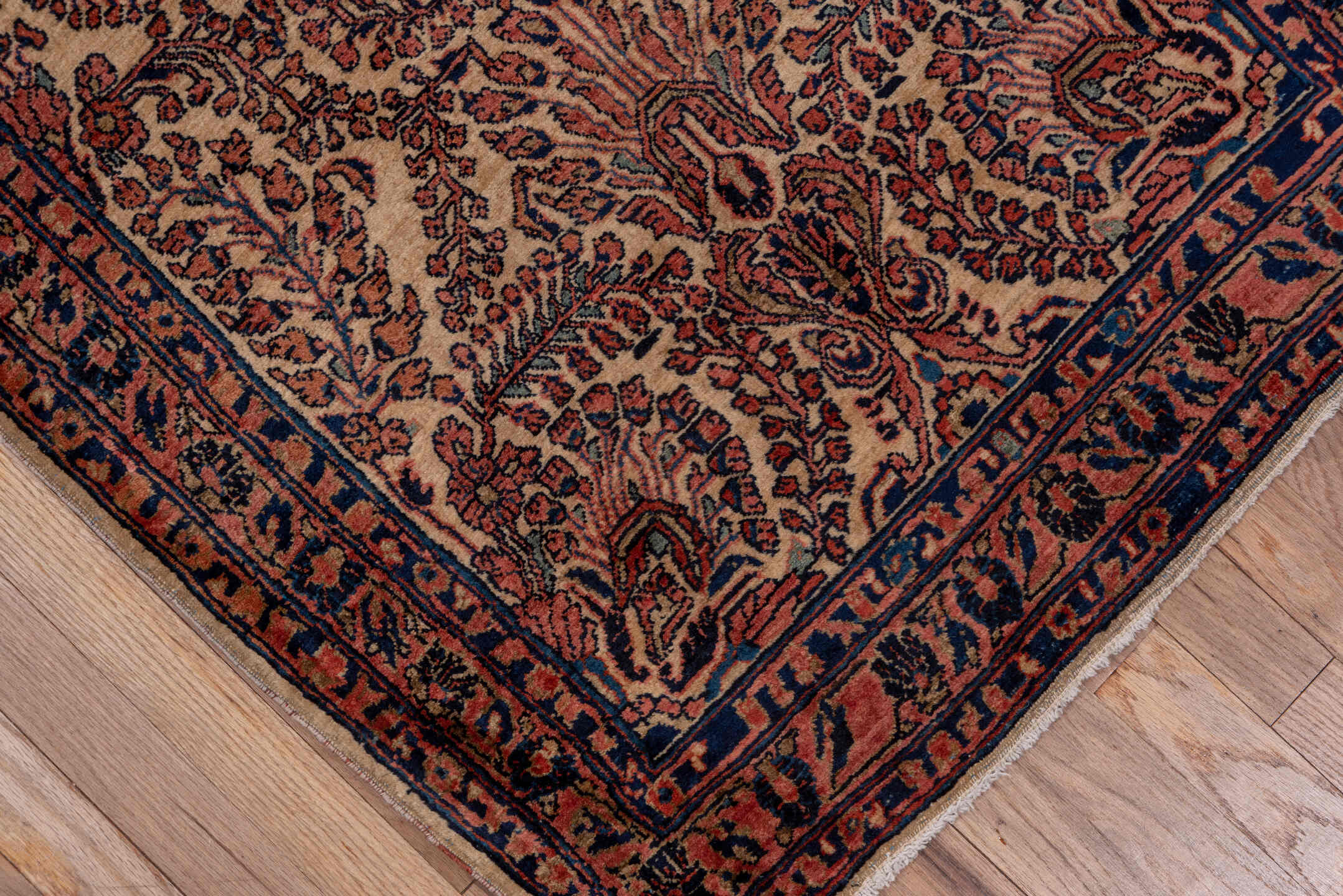 2' x 10' one-of-a-kind handmade antique Sarouk runner rug. Color palette: ivory, navy, rust, camel, burgundy, blue