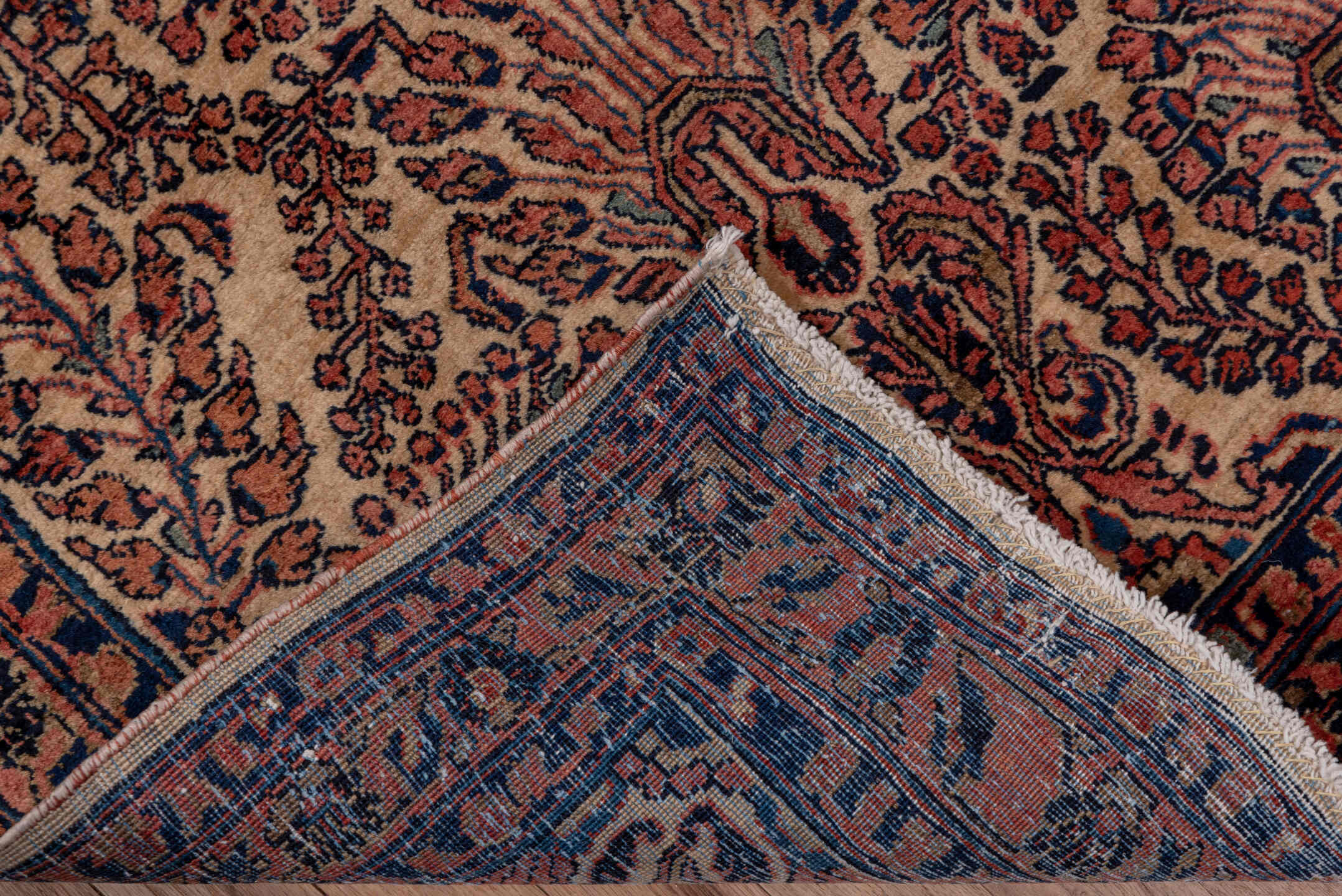 2' x 10' one-of-a-kind handmade antique Sarouk runner rug. Color palette: ivory, navy, rust, camel, burgundy, blue