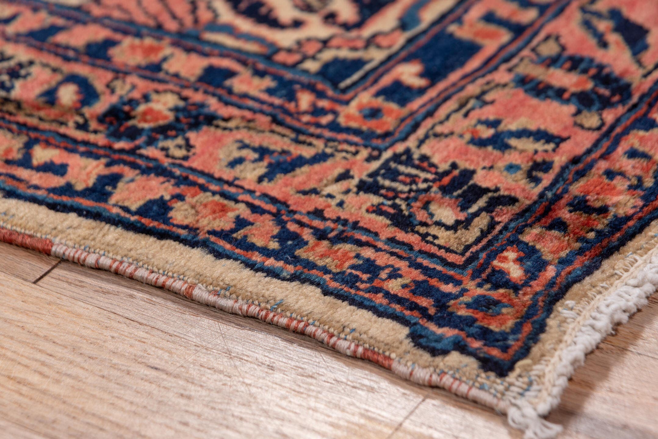 2' x 10' one-of-a-kind handmade antique Sarouk runner rug. Color palette: ivory, navy, rust, camel, burgundy, blue