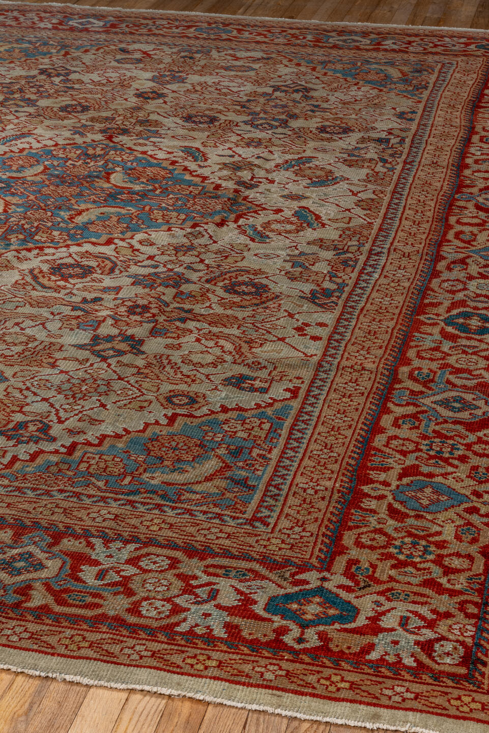 8' x 10' one-of-a-kind handmade antique Sultanabad large size rug. Color palette: ivory, rust, sky_blue, brick, camel