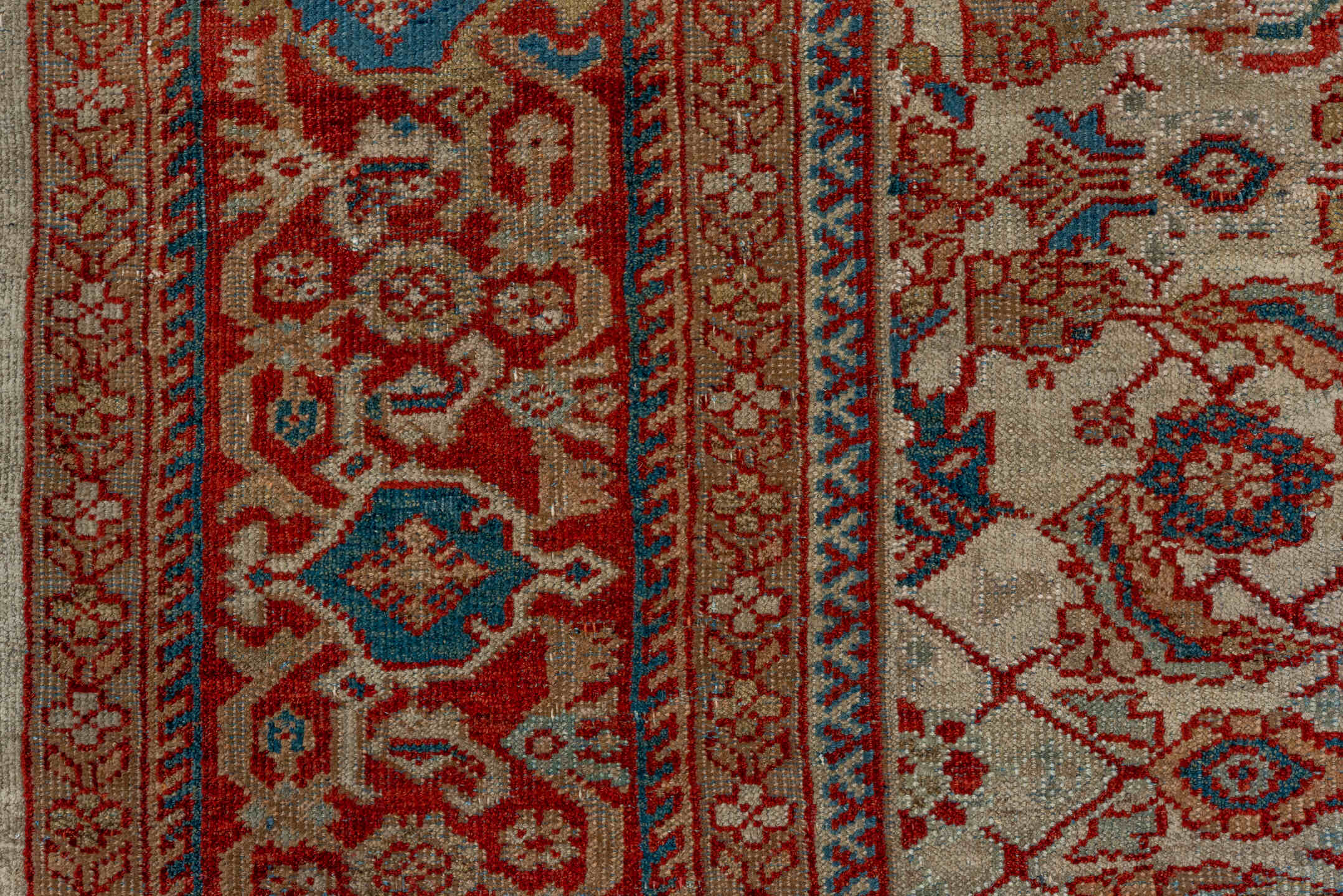 8' x 10' one-of-a-kind handmade antique Sultanabad large size rug. Color palette: ivory, rust, sky_blue, brick, camel