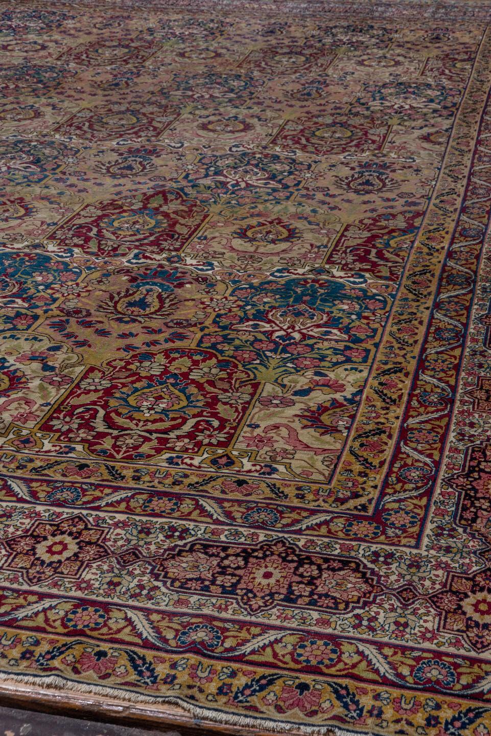 11' x 17' one-of-a-kind handmade antique Lavar oversize rug. Color palette: camel, burgundy, navy, ivory, rose, gold, sage