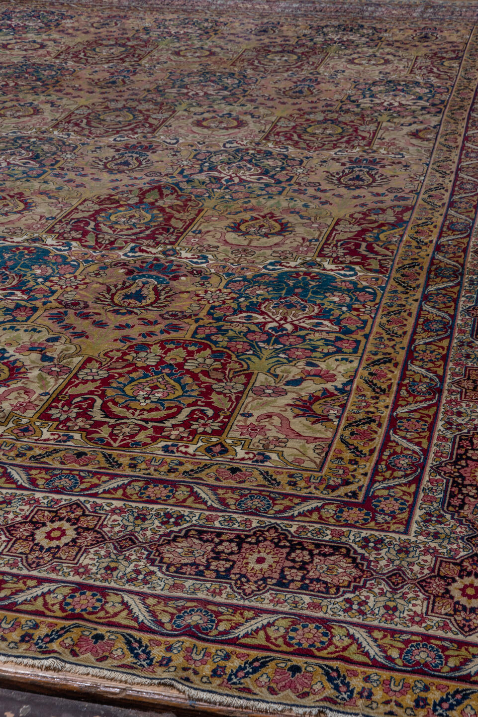 11' x 17' one-of-a-kind handmade antique Lavar oversize rug. Color palette: camel, burgundy, navy, ivory, rose, gold, sage