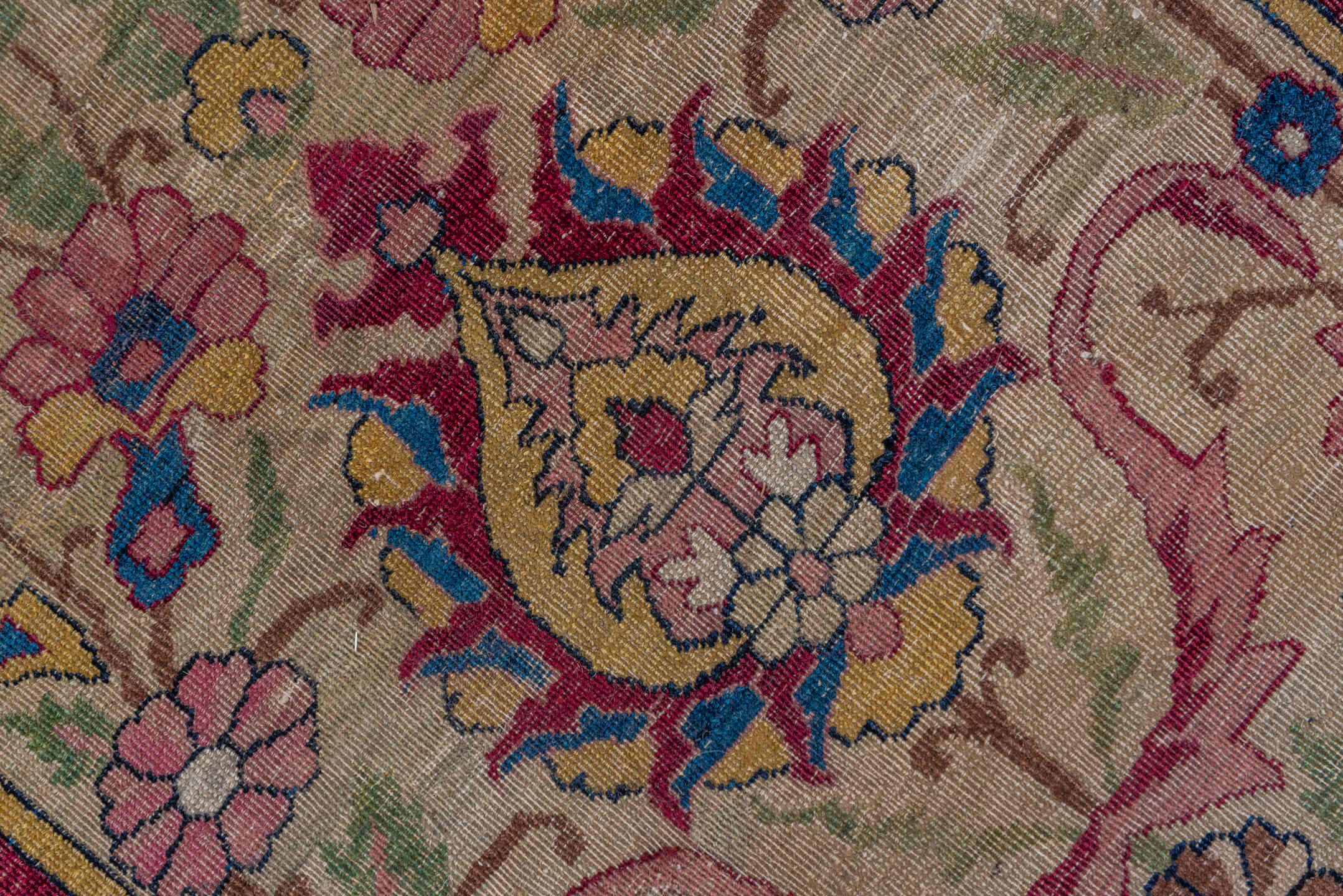 11' x 17' one-of-a-kind handmade vintage Lavar oversize rug. Color palette: blue, brown, gray, light gray, off-white, pink