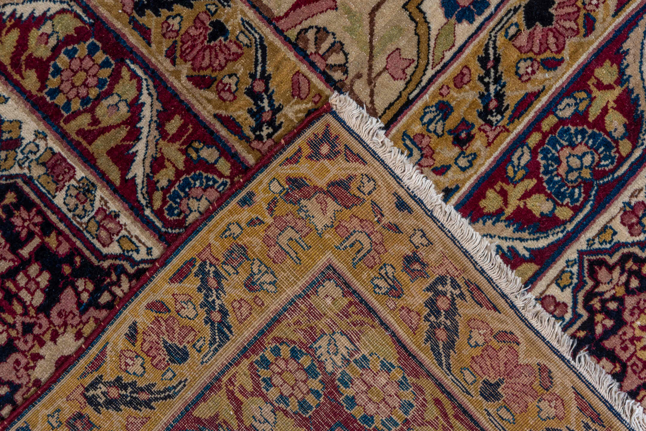 11' x 17' one-of-a-kind handmade antique Lavar oversize rug. Color palette: camel, burgundy, navy, ivory, rose, gold, sage